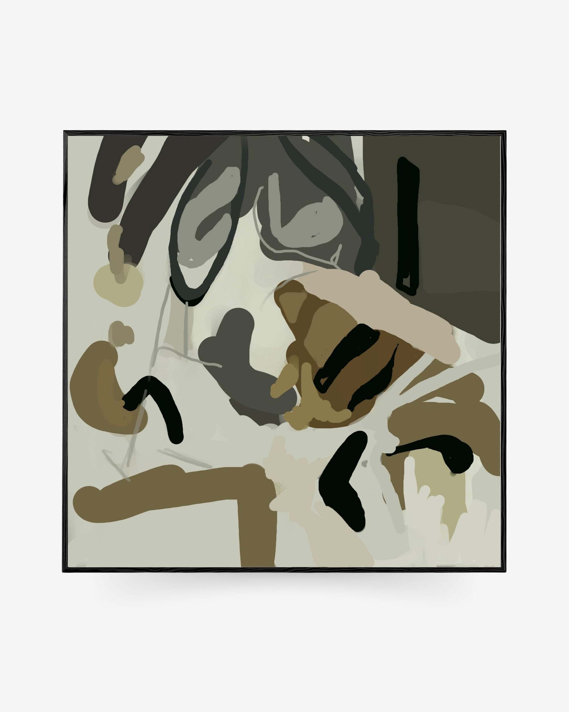 A framed canvas featuring an abstract camouflage pattern with various shades of brown, beige, and black.