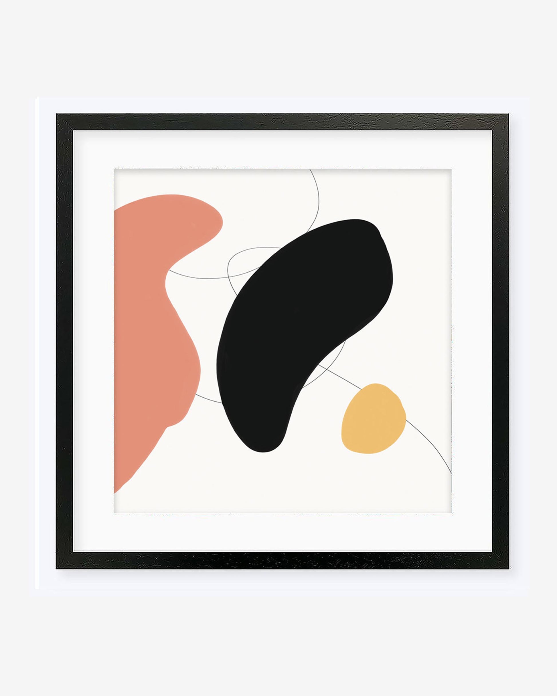 A framed art print featuring abstract bean-shaped figures in pink, black, and yellow hues on a grey background with pencil lines.
