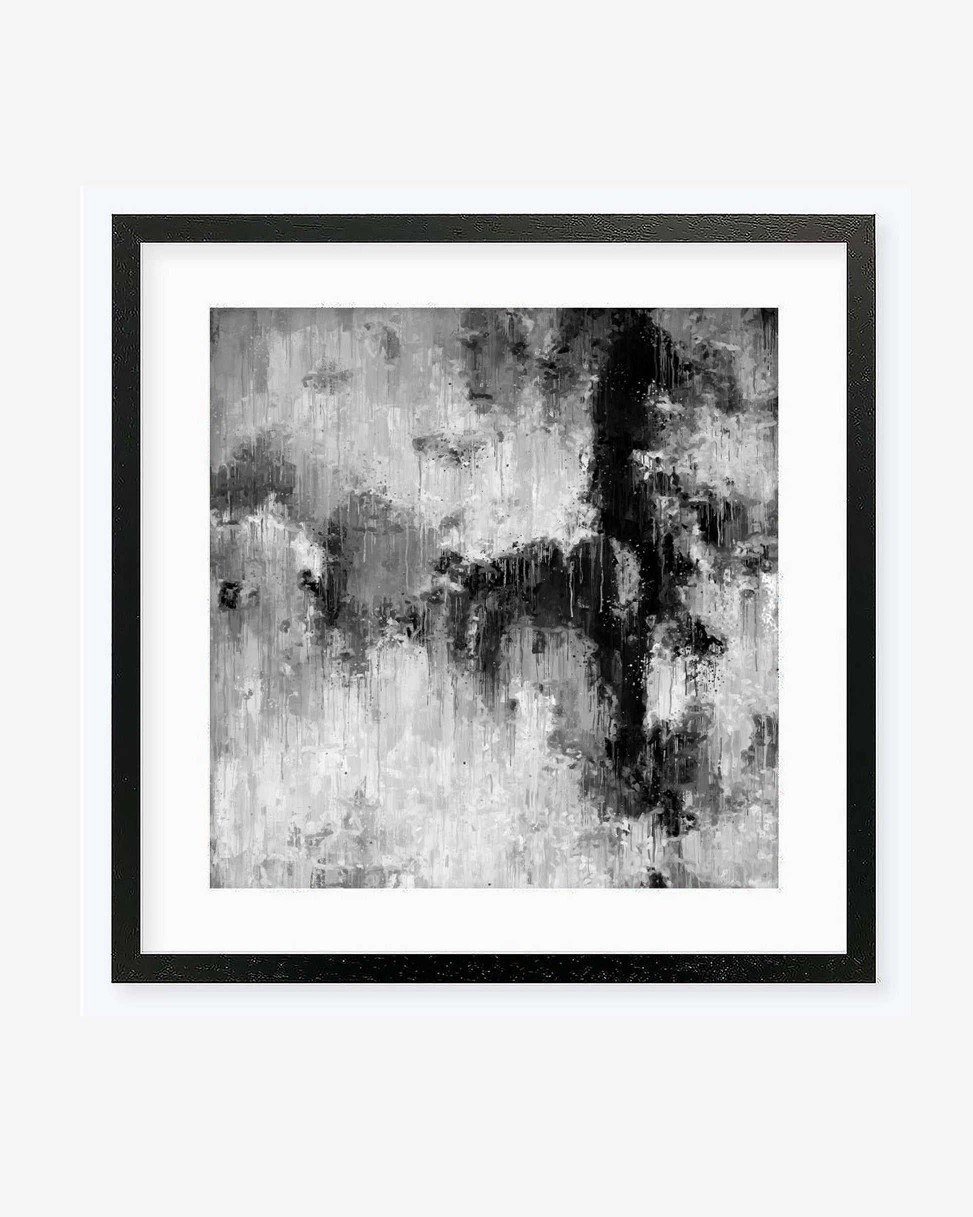 This image features the "Abstract Mono I Framed Art," a striking piece of modern art that embodies abstract expressionism. The artwork depicts an abstract scene in black and white, with prominent brushstrokes and layers of paint that create a sense of depth and movement.