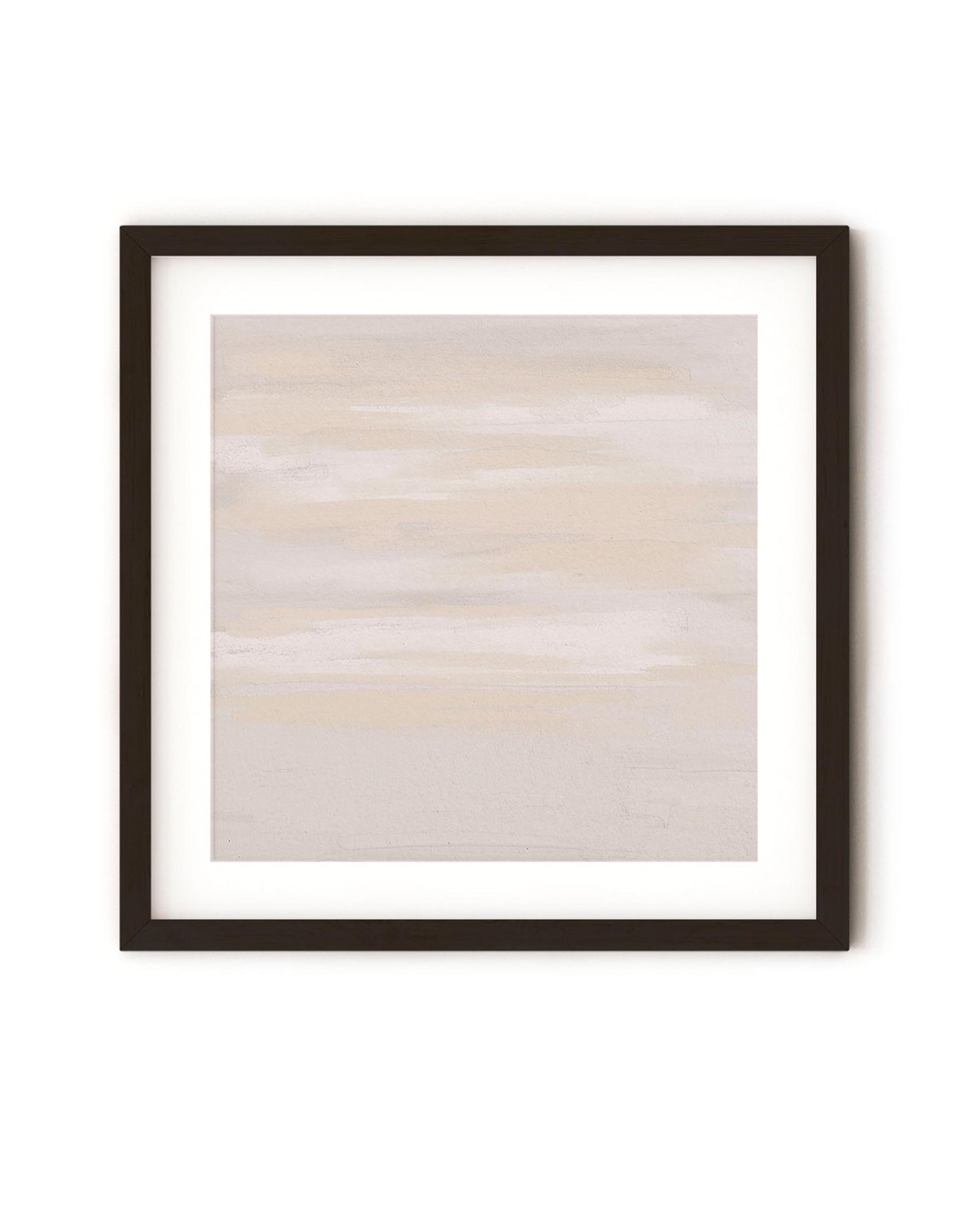 A framed art print with a abstract peach and pink sky, with light clouds, presented in a square black frame.