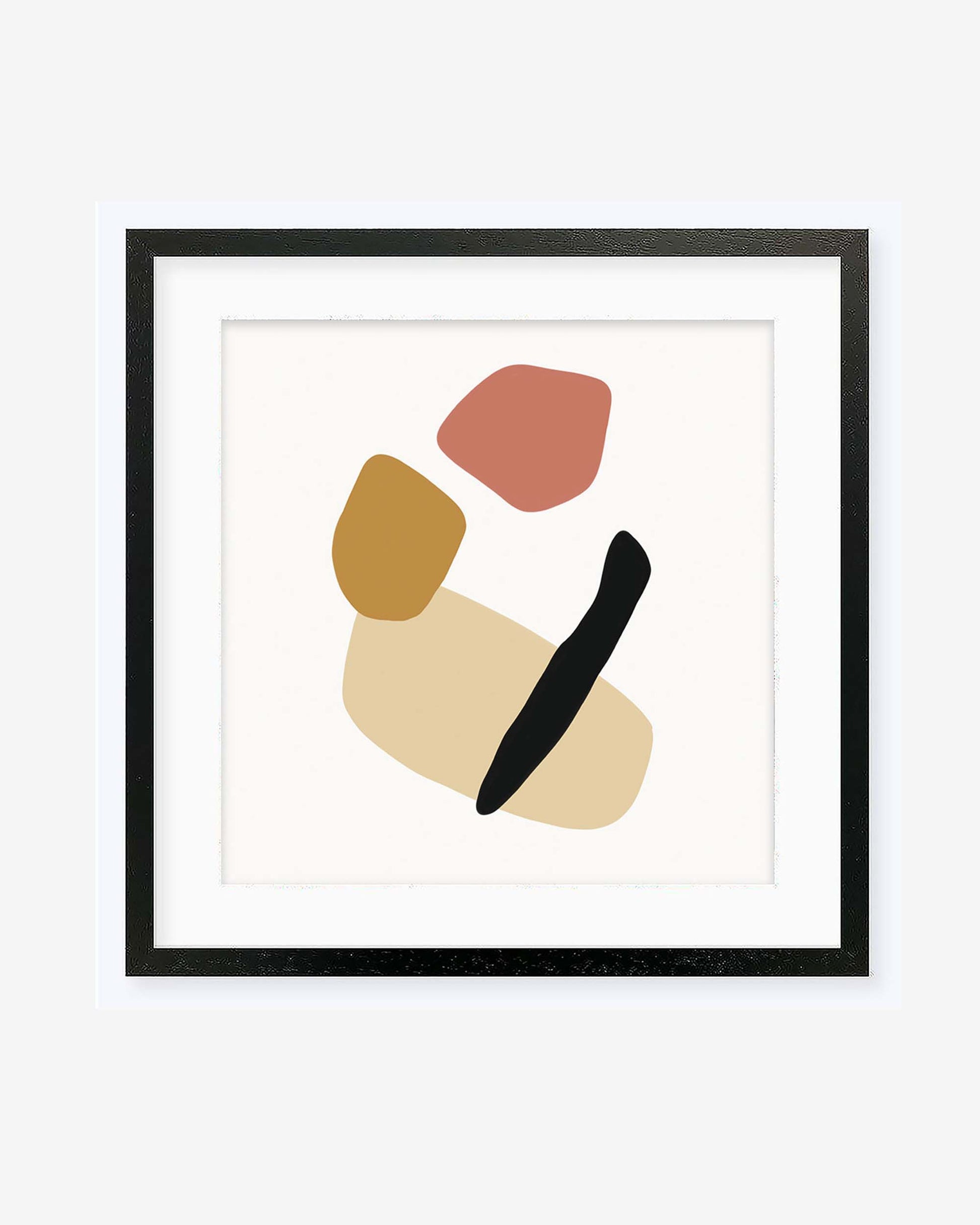 A framed art print featuring an abstract illustration of three shapes in beige, gold, and pink tones, bordered by a black stripe, set in a square frame.