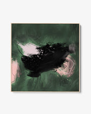 A framed canvas featuring an abstract design with dark green and black hues, with a hint of pink.