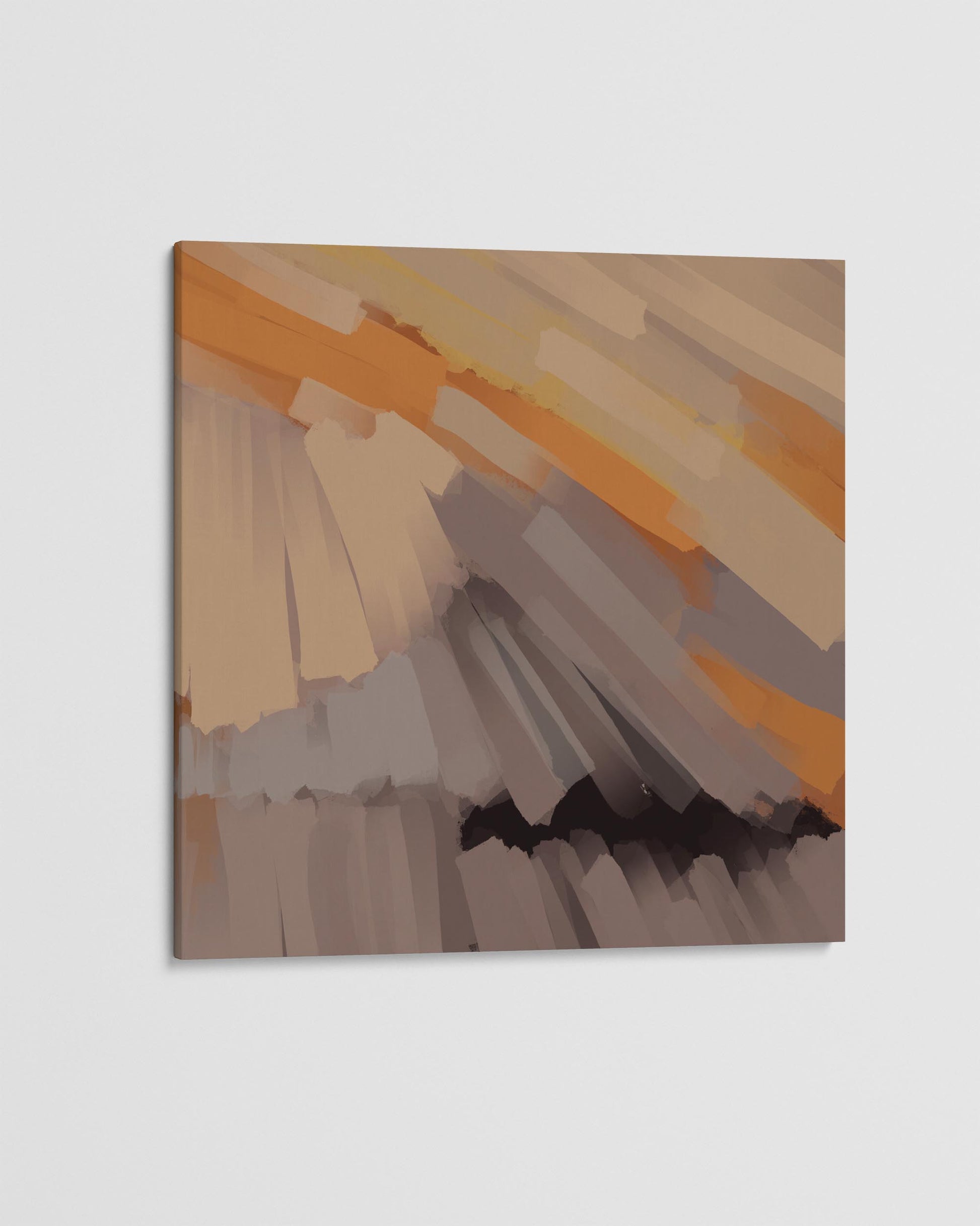 Abstract art piece with horizontal stripes in brown, orange, and gray on a light gray background