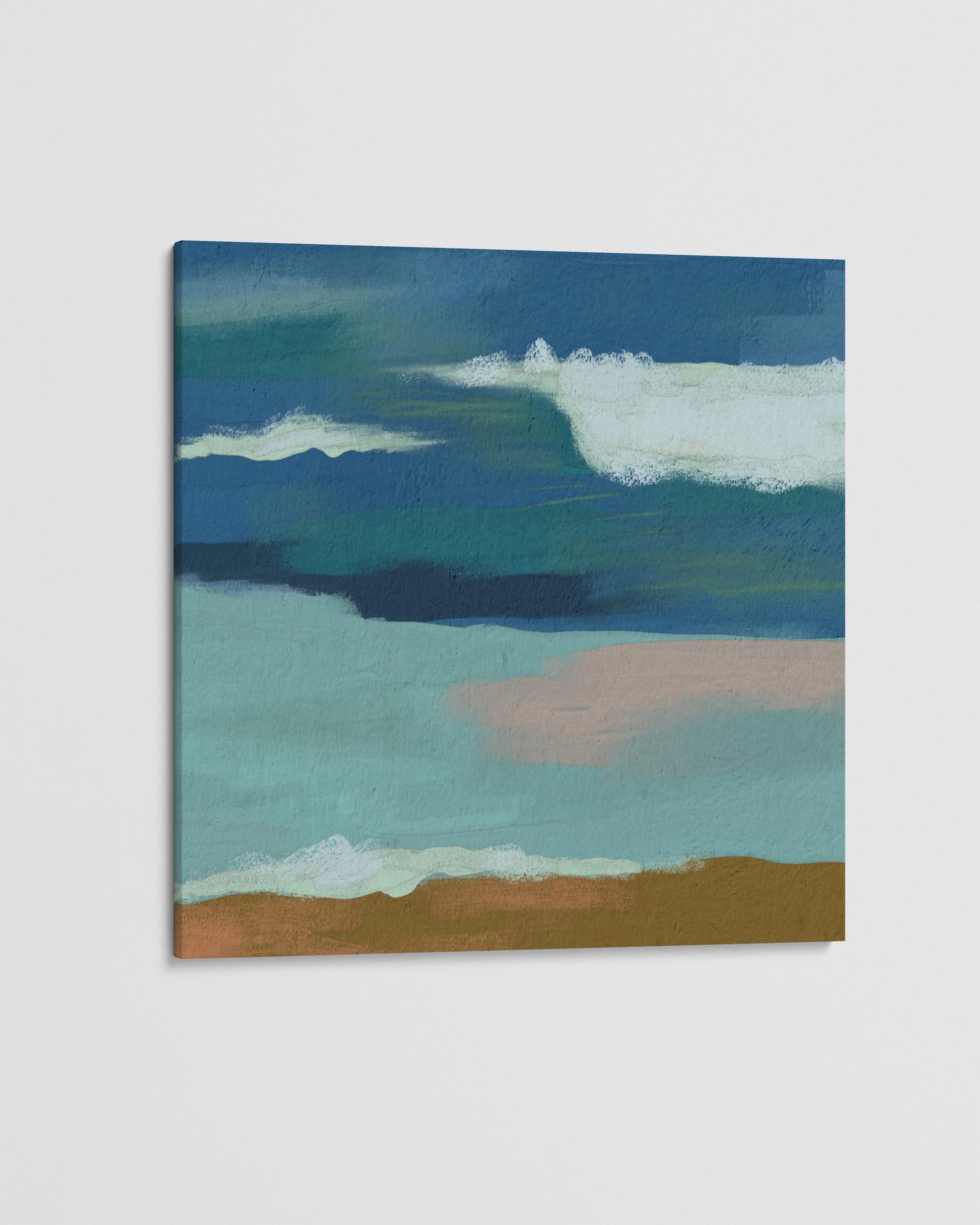 Abstract painting with blue, green, and brown colors on a white background