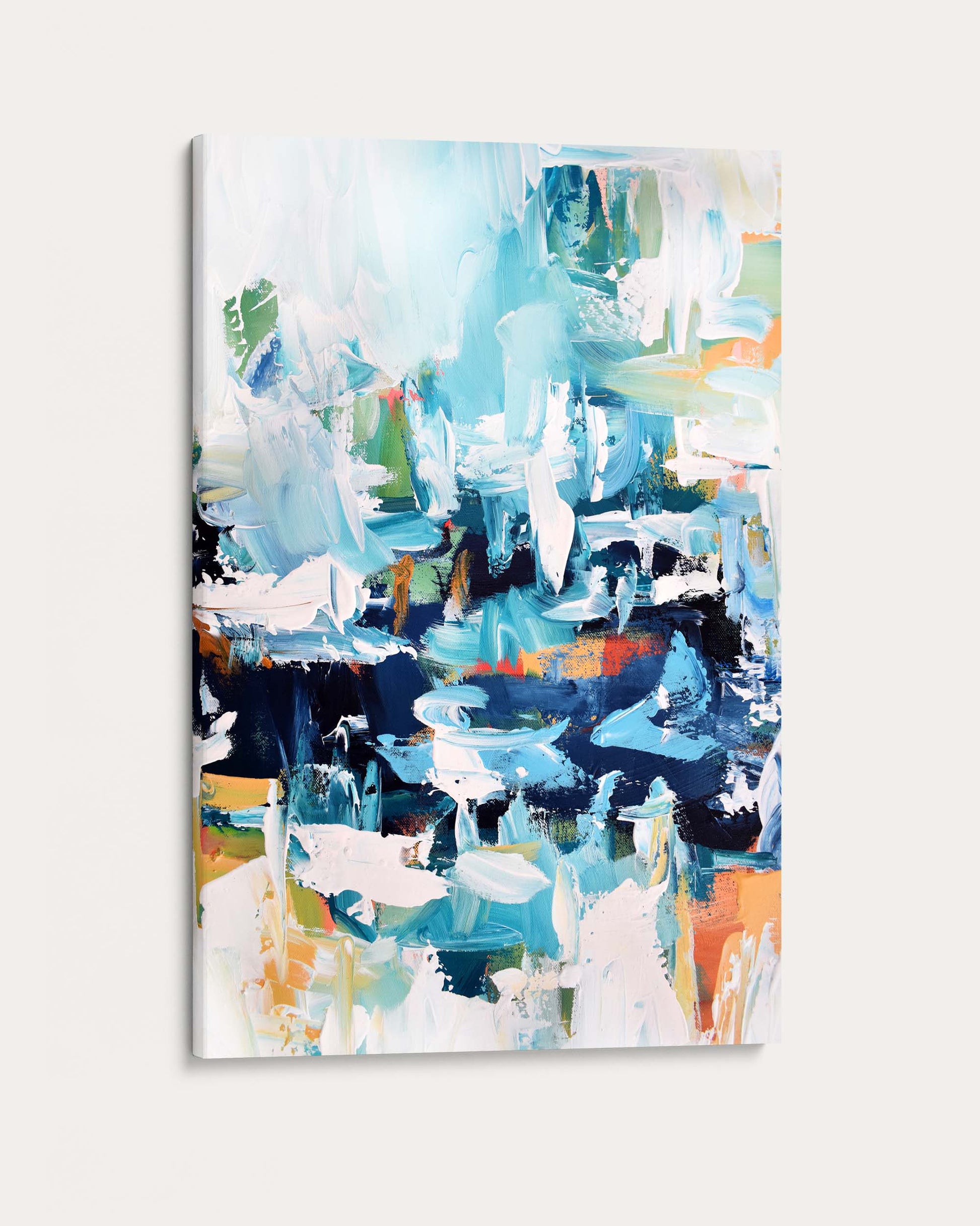 Abstract art print with blue, green, and orange colors on a white background
