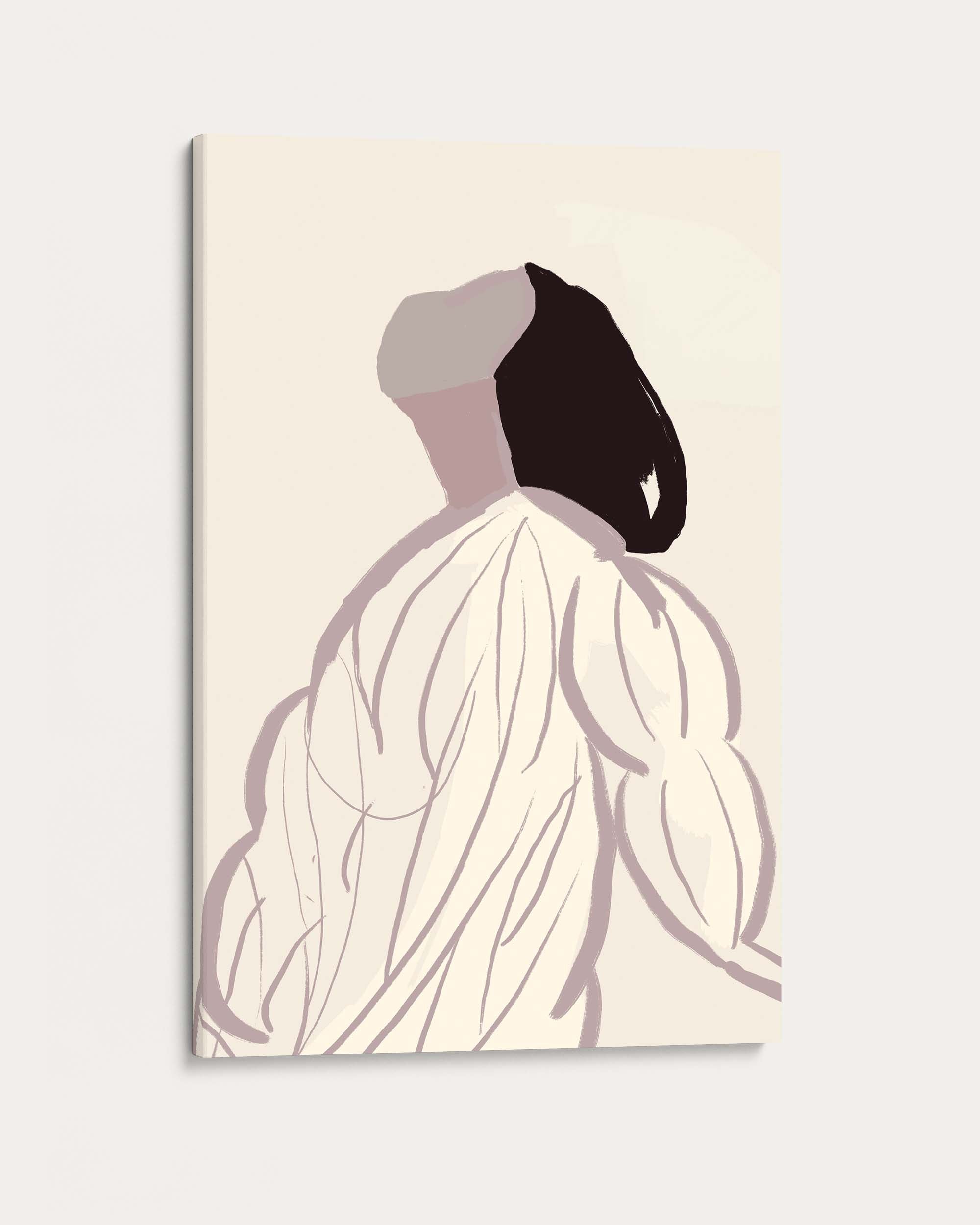 Abstract art piece with a stylized face and flowing lines on a beige background