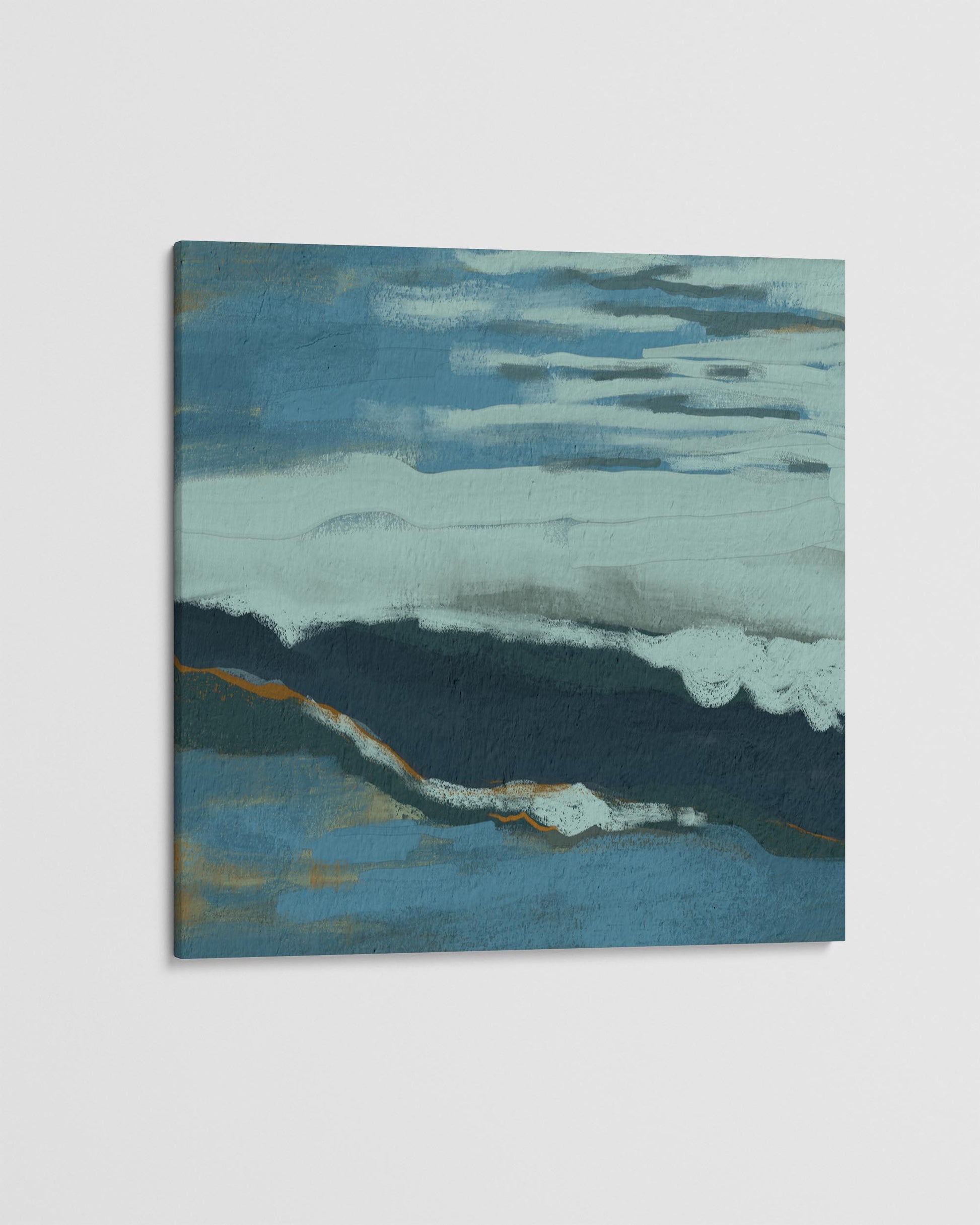 Abstract painting with blue and green tones on a light gray background