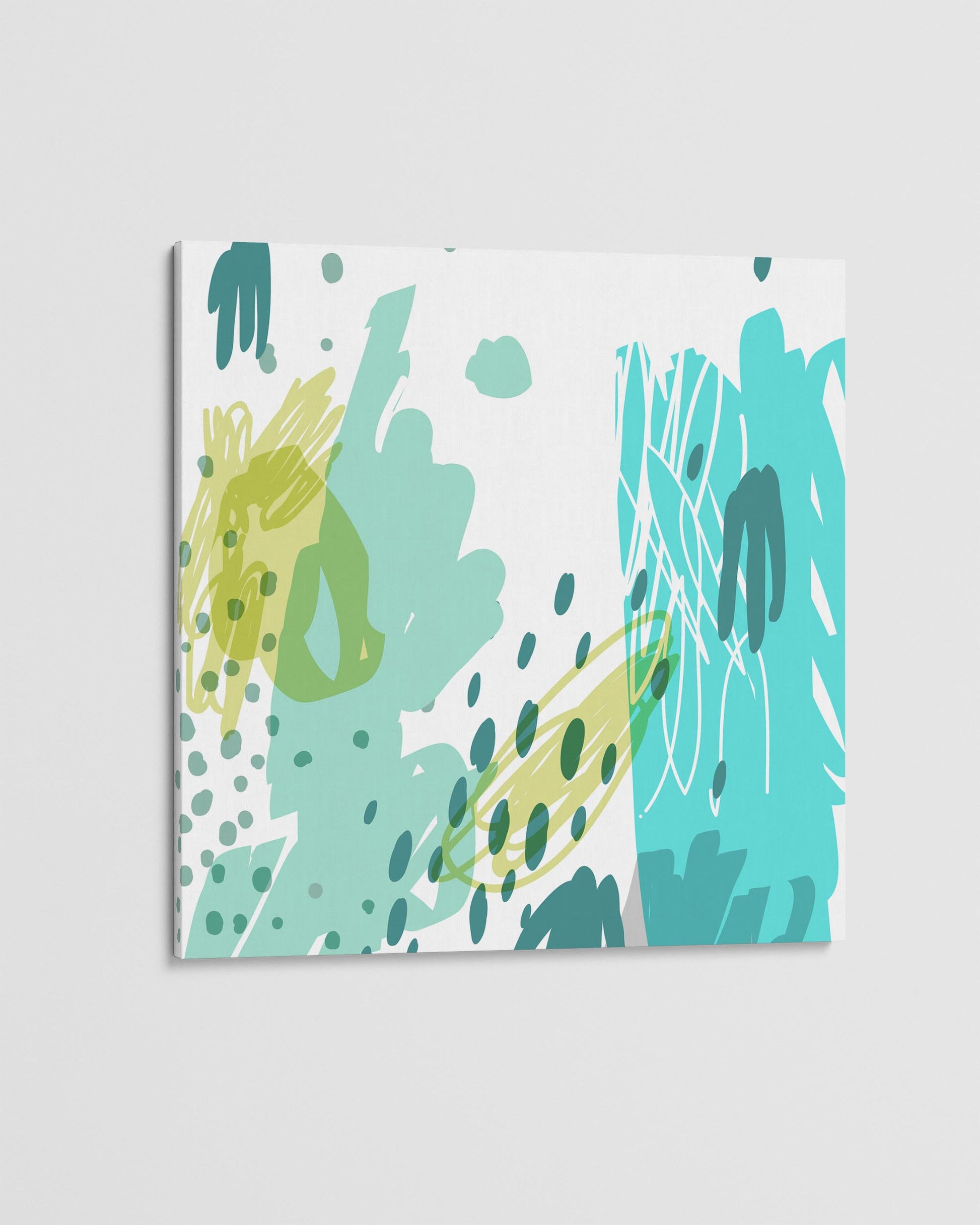 Abstract art print with green and blue shapes on a white background