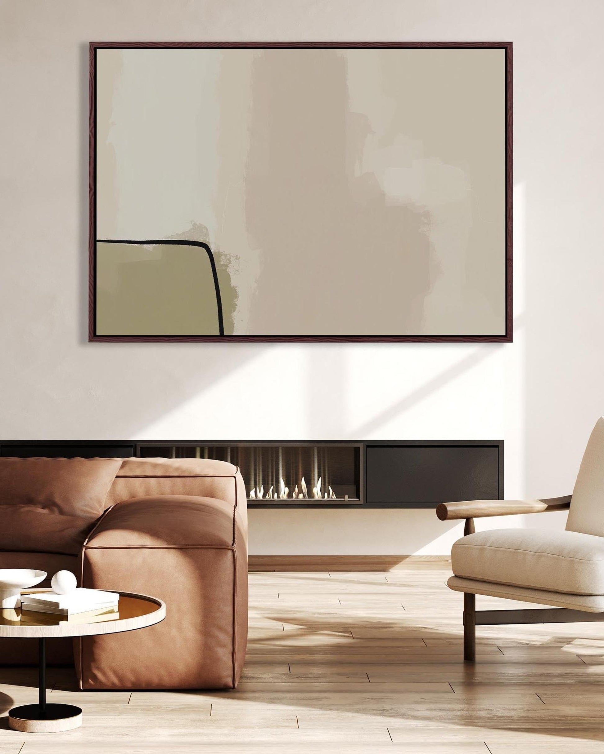 Modern living room with a brown sofa, beige armchair, and abstract painting.