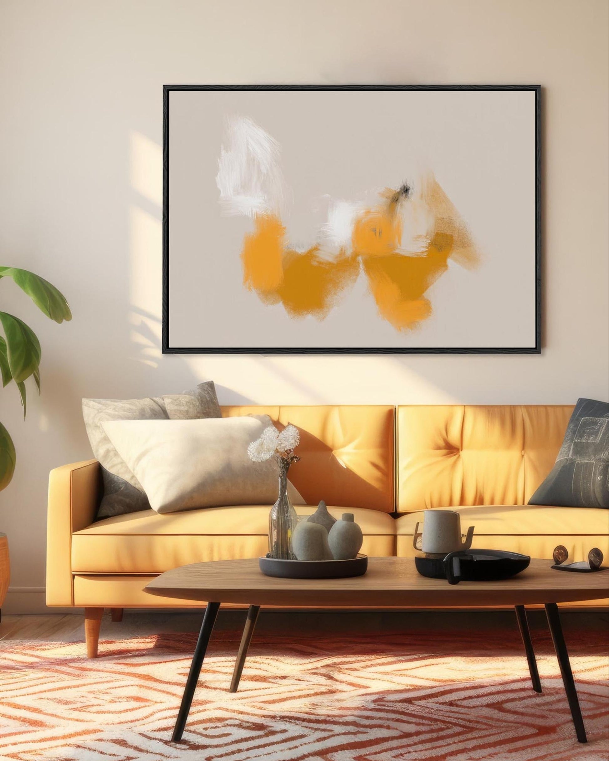 Living room with a yellow sofa, coffee table, and abstract art on the wall.