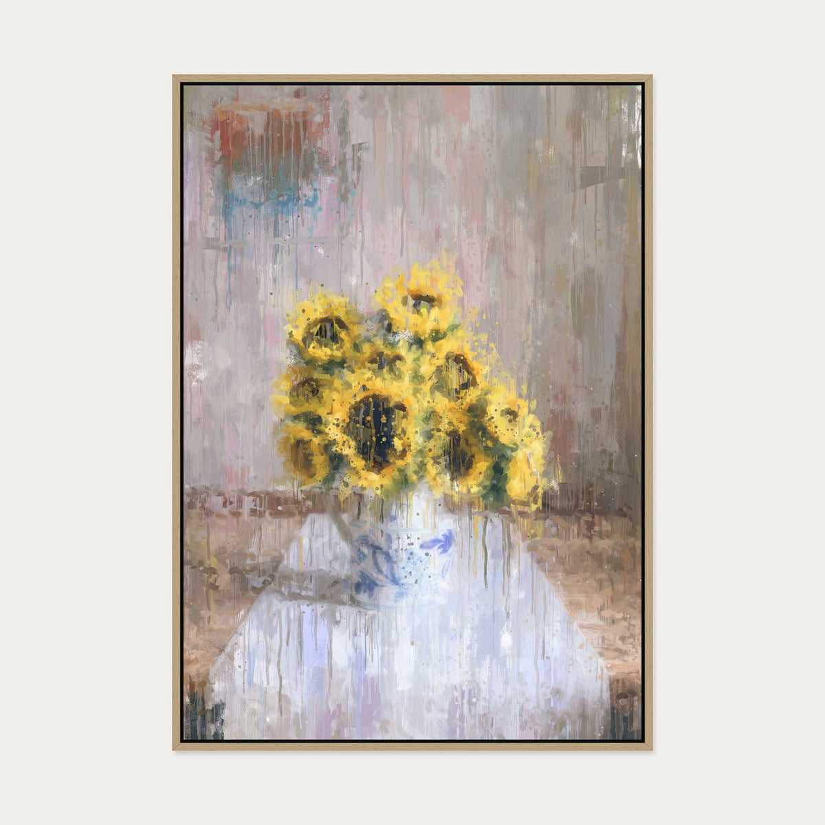 Sunflowers In A Vase Still Life Canvas Art — 70 x 100 cm — Oak Frame