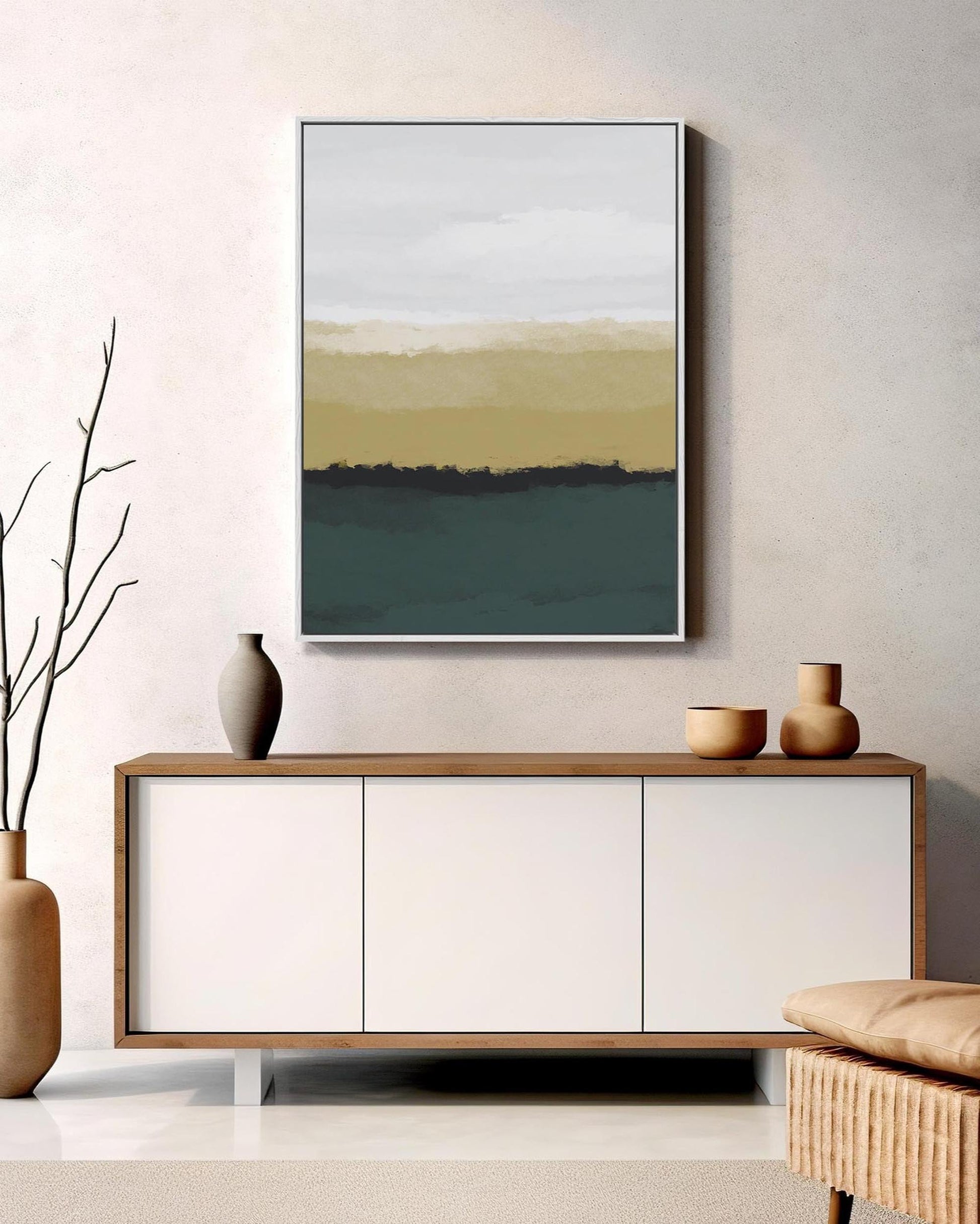 Modern living room with abstract art on the wall, sideboard, and chair.