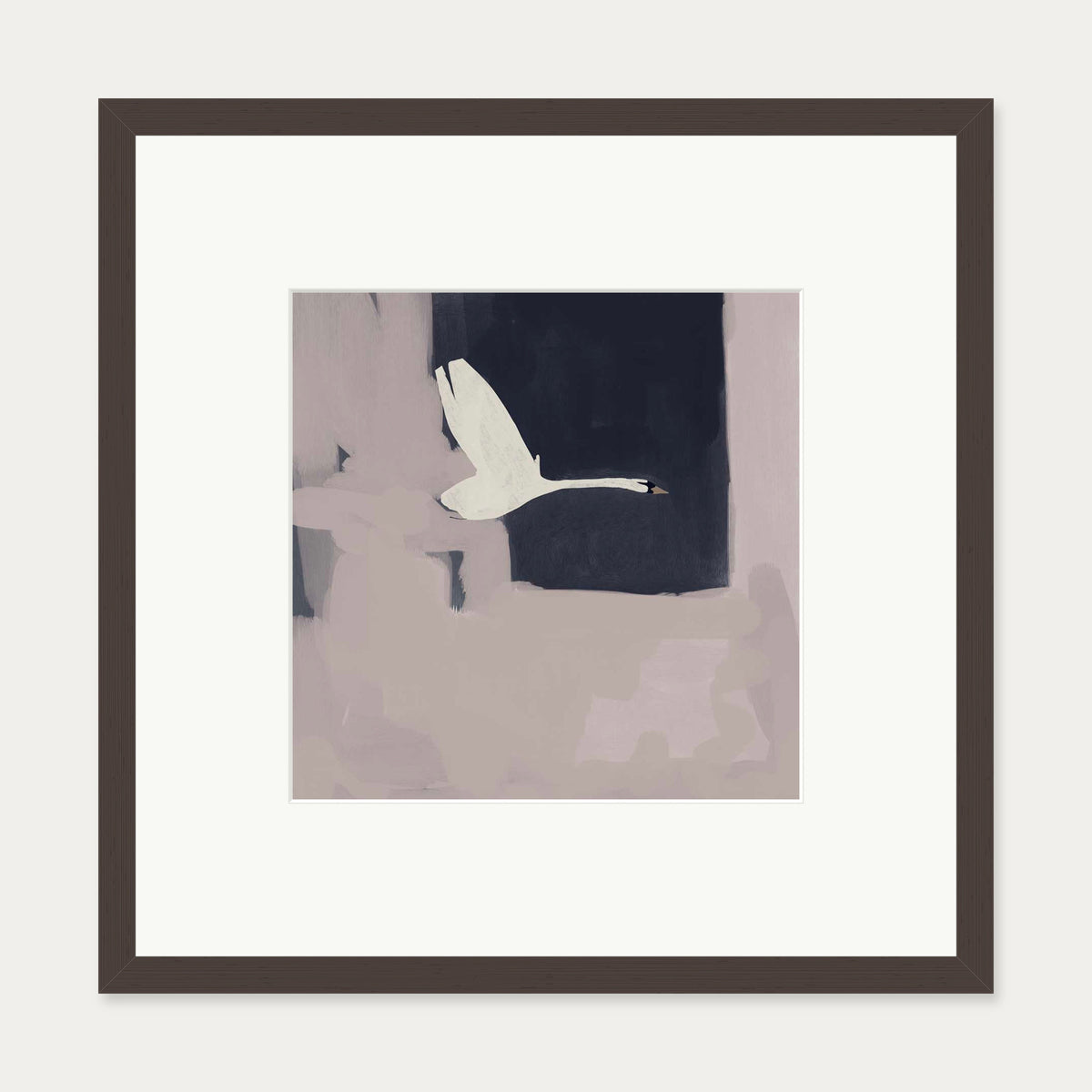Swan In Flight Art Print — 50 x 50 cm — Brown Frame
