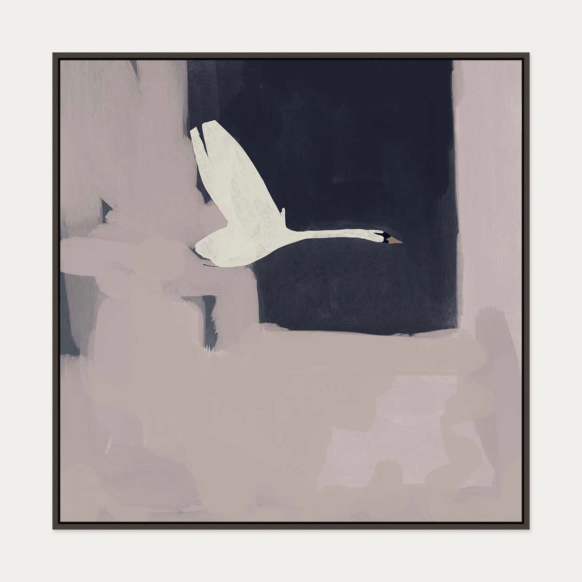 Swan In Flight Canvas Art — 100 x 100 cm — Brown Frame