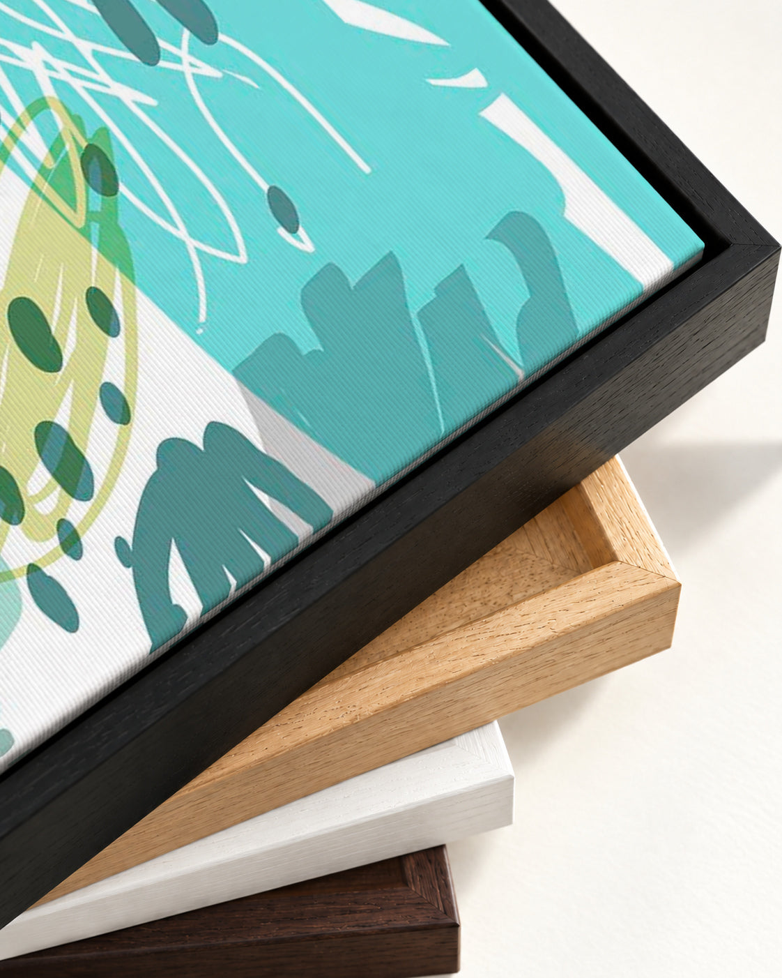 Teal Abstract Design Canvas Art — framed canvas corner and wrapped canvas detail