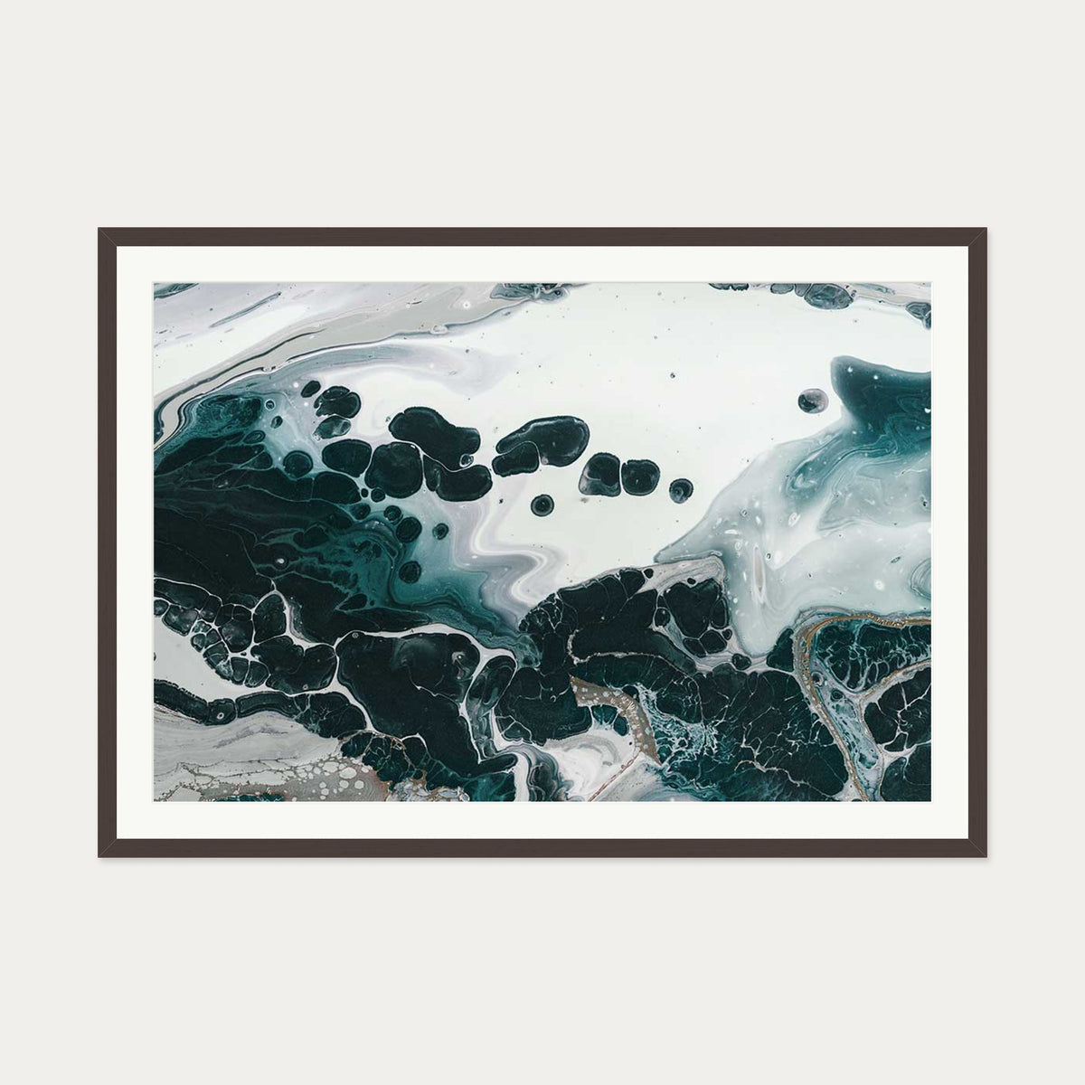 Teal Abstract Marble II Wall Art Print — 70 x 100 cm — Brown Frame