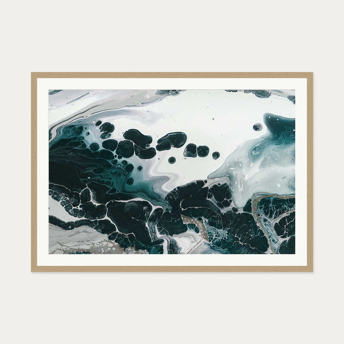 Teal Abstract Marble II Wall Art Print — 70 x 100 cm — Oak Frame