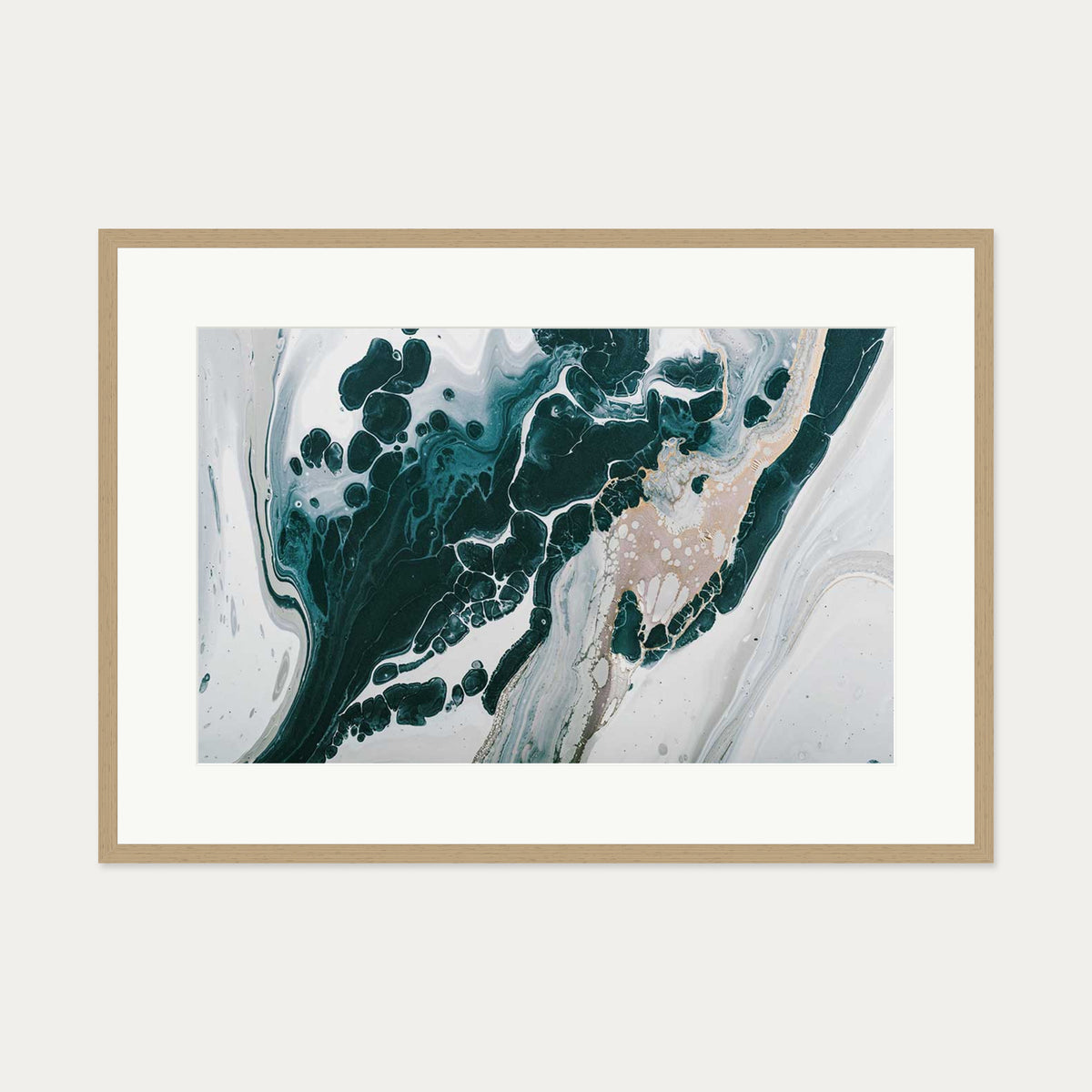 Teal Abstract Marble Wall Art Print — 70 x 100 cm — Oak Frame