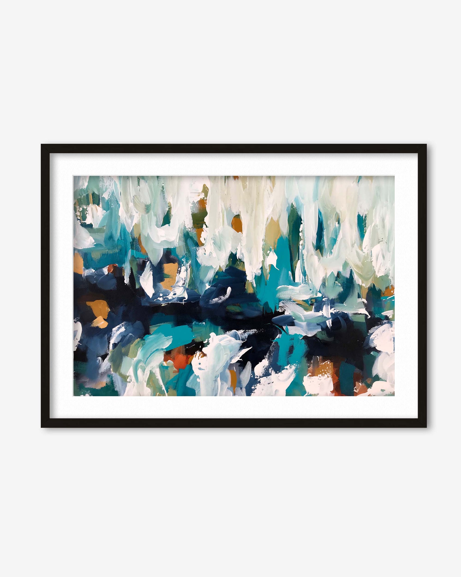 Framed abstract art print with colorful brush strokes on a white wall