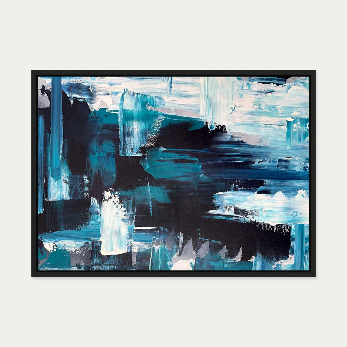 Teal Brushstrokes Canvas Art — 50 x 70 cm — Black Frame