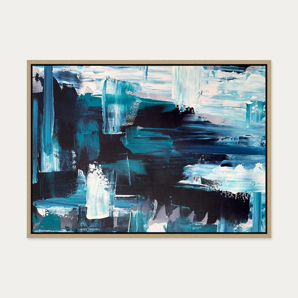 Teal Brushstrokes Canvas Art — 50 x 70 cm — Oak Frame
