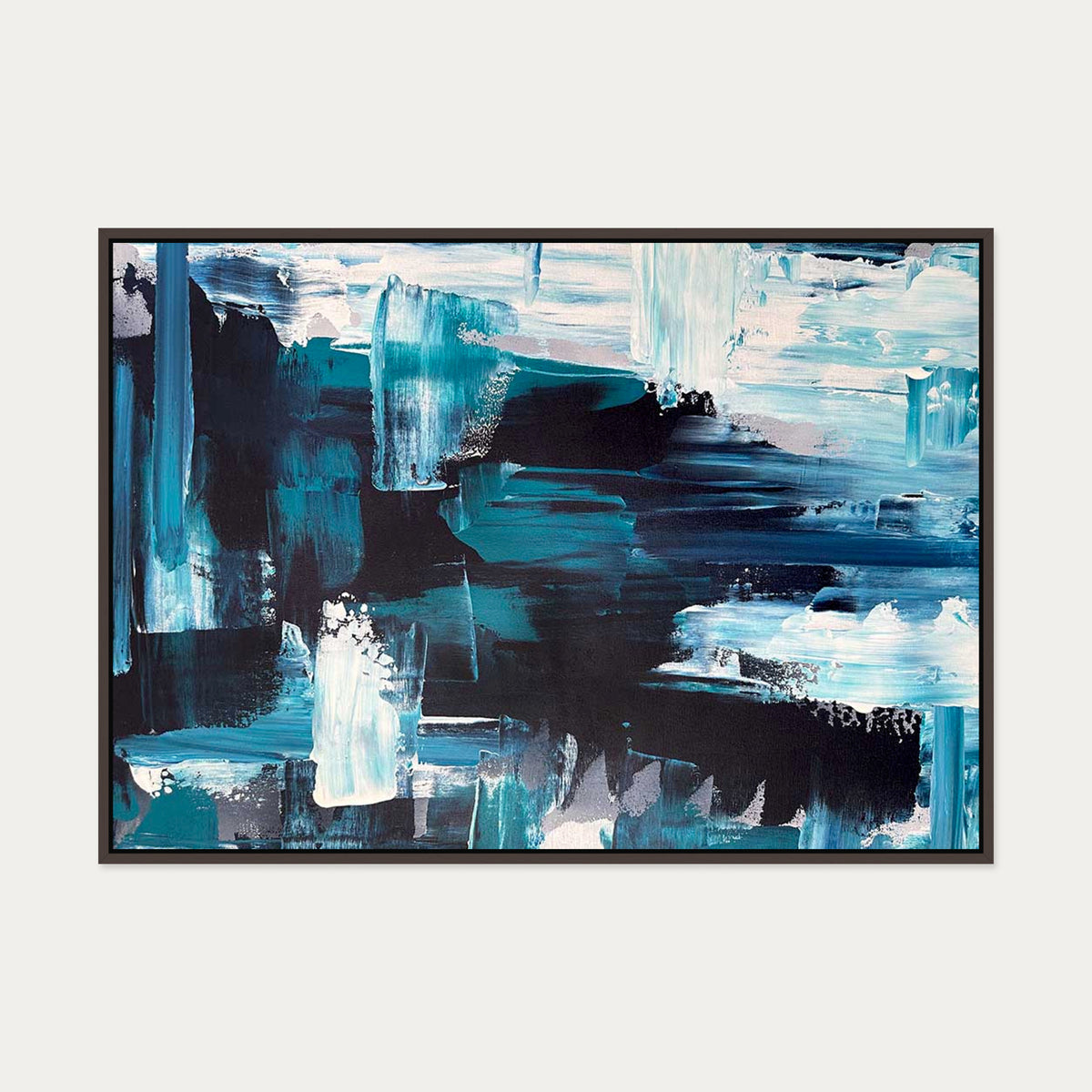 Teal Brushstrokes Canvas Art — 70 x 100 cm — Brown Frame