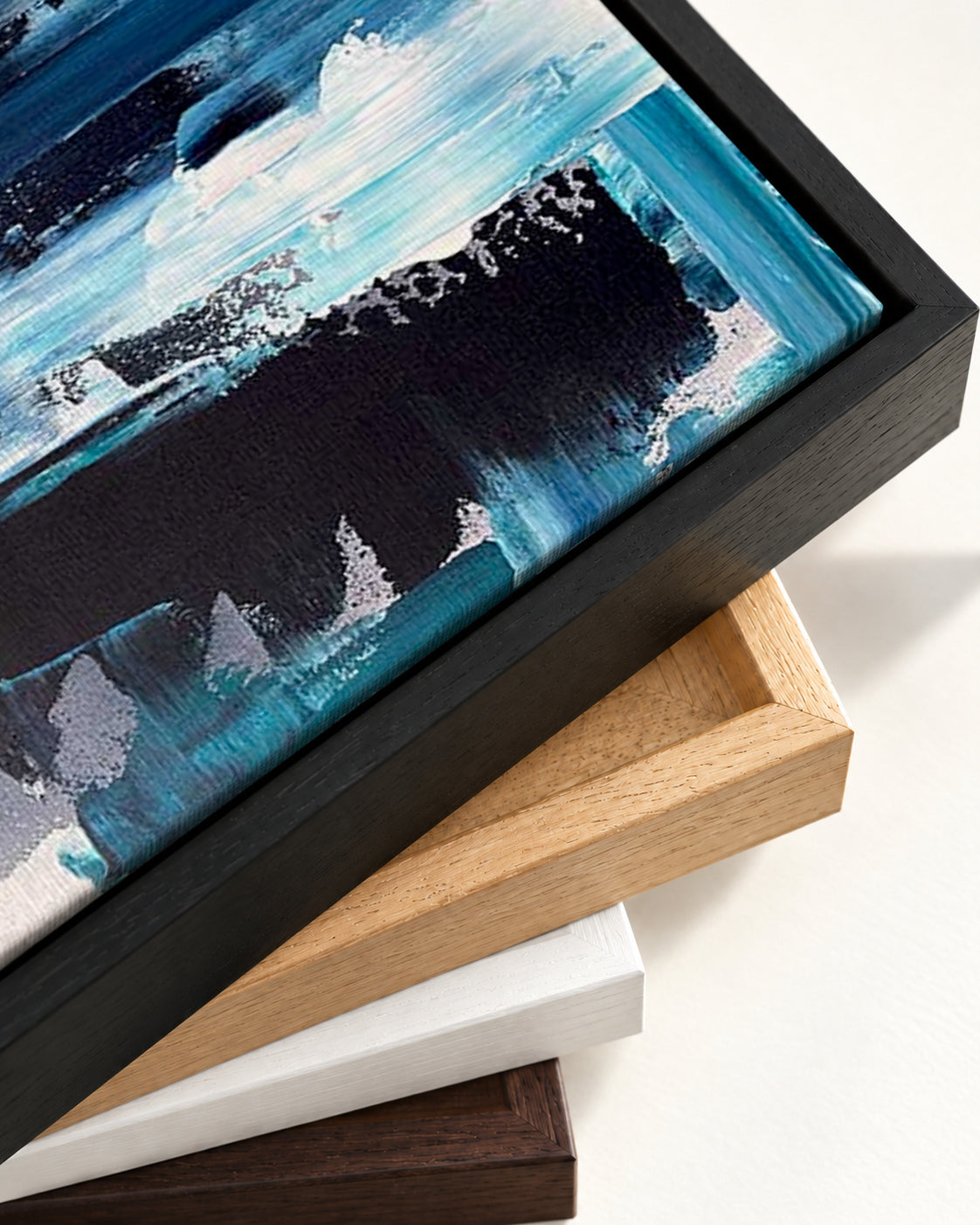 Teal Brushstrokes Canvas Art — framed canvas corner and wrapped canvas detail