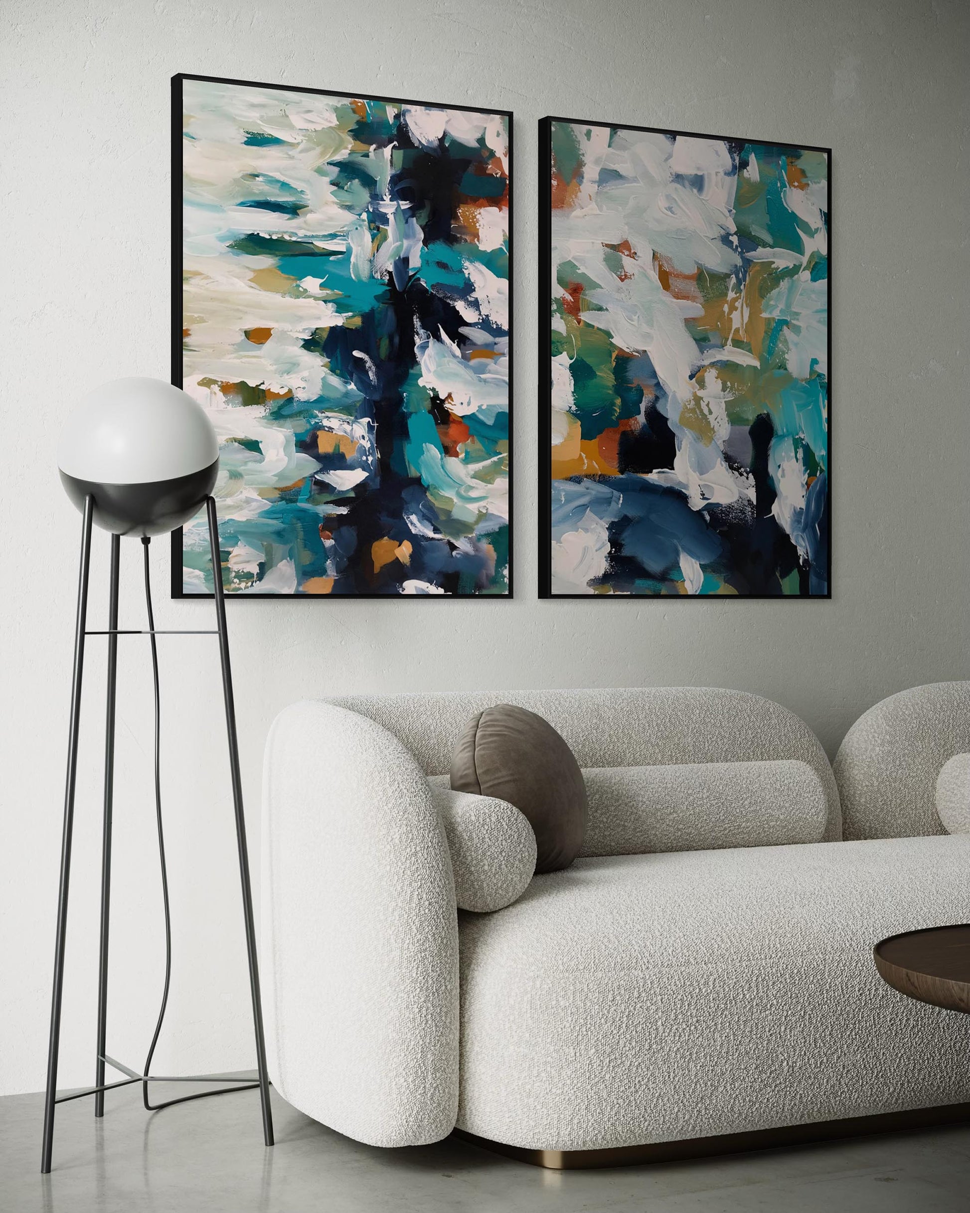 Modern living room with abstract art on the wall and a textured sofa.