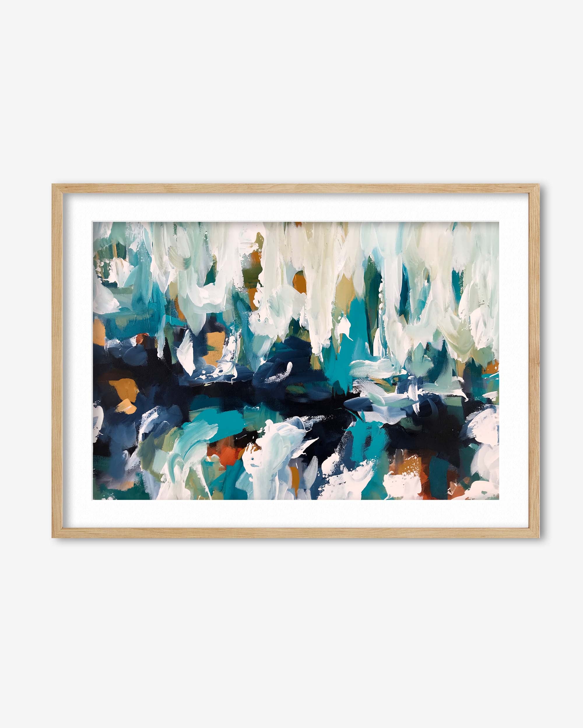 Framed abstract art print with a colorful design on a white background