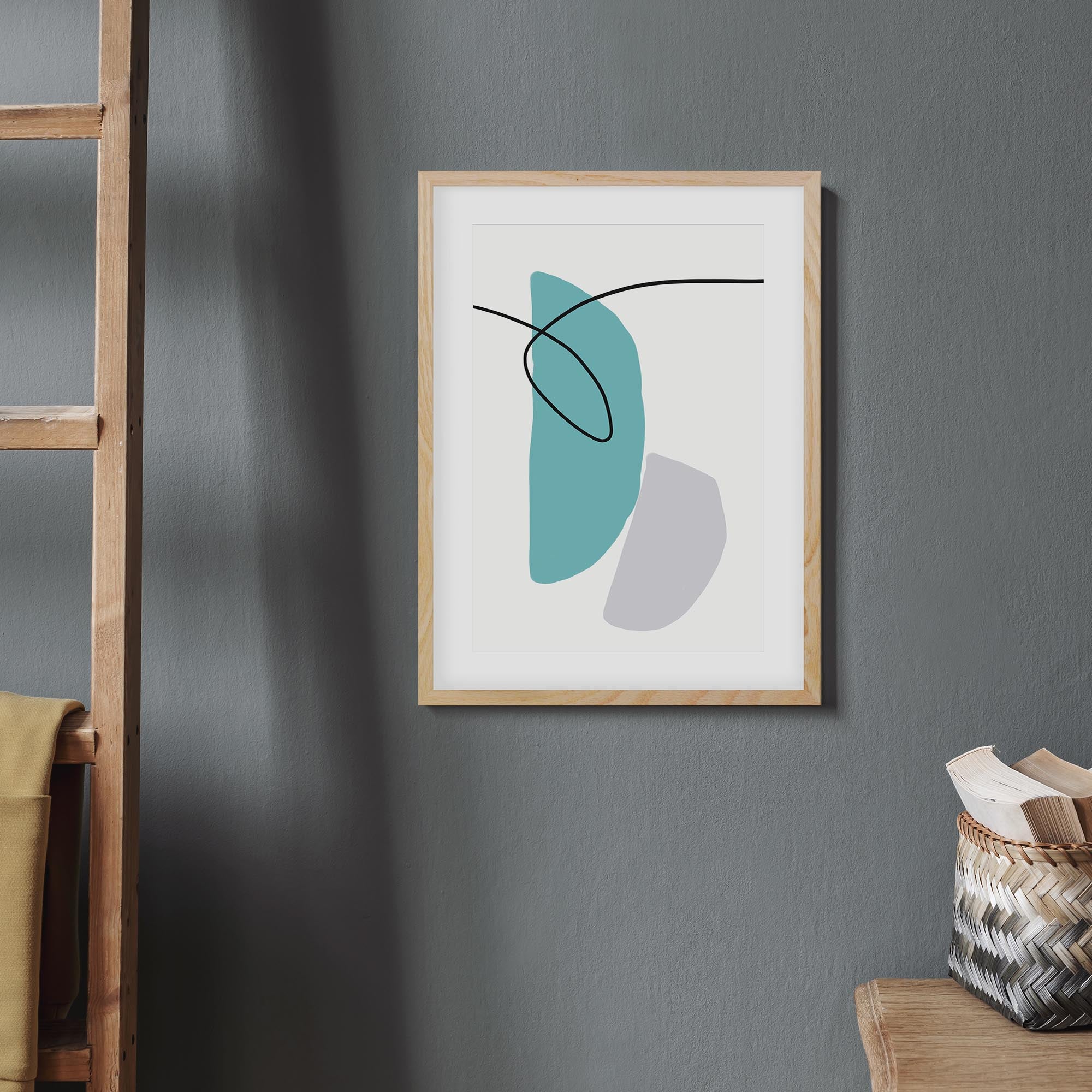 Abstract Line Teal Grey Framed Art