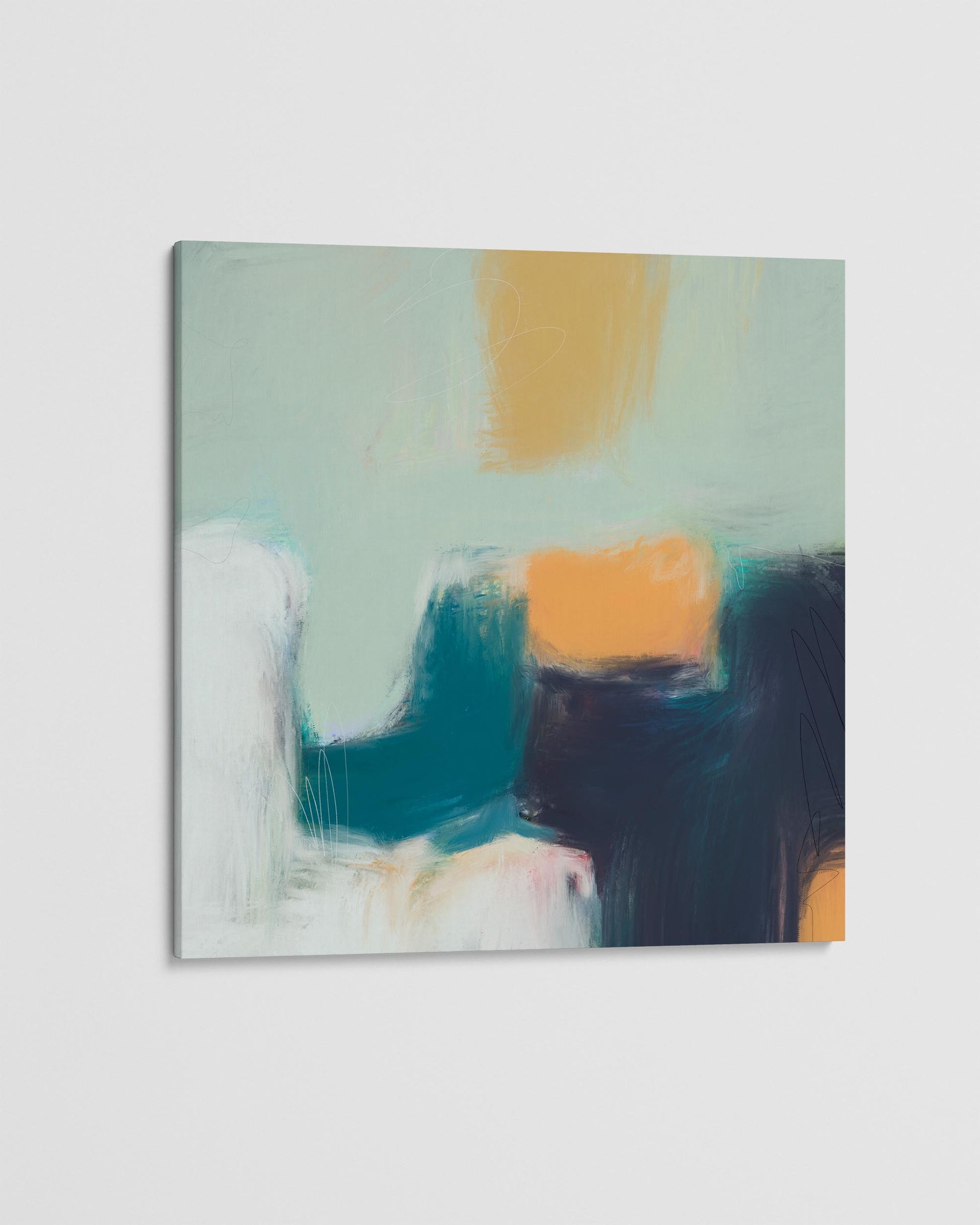 Abstract painting with geometric shapes on a light gray background