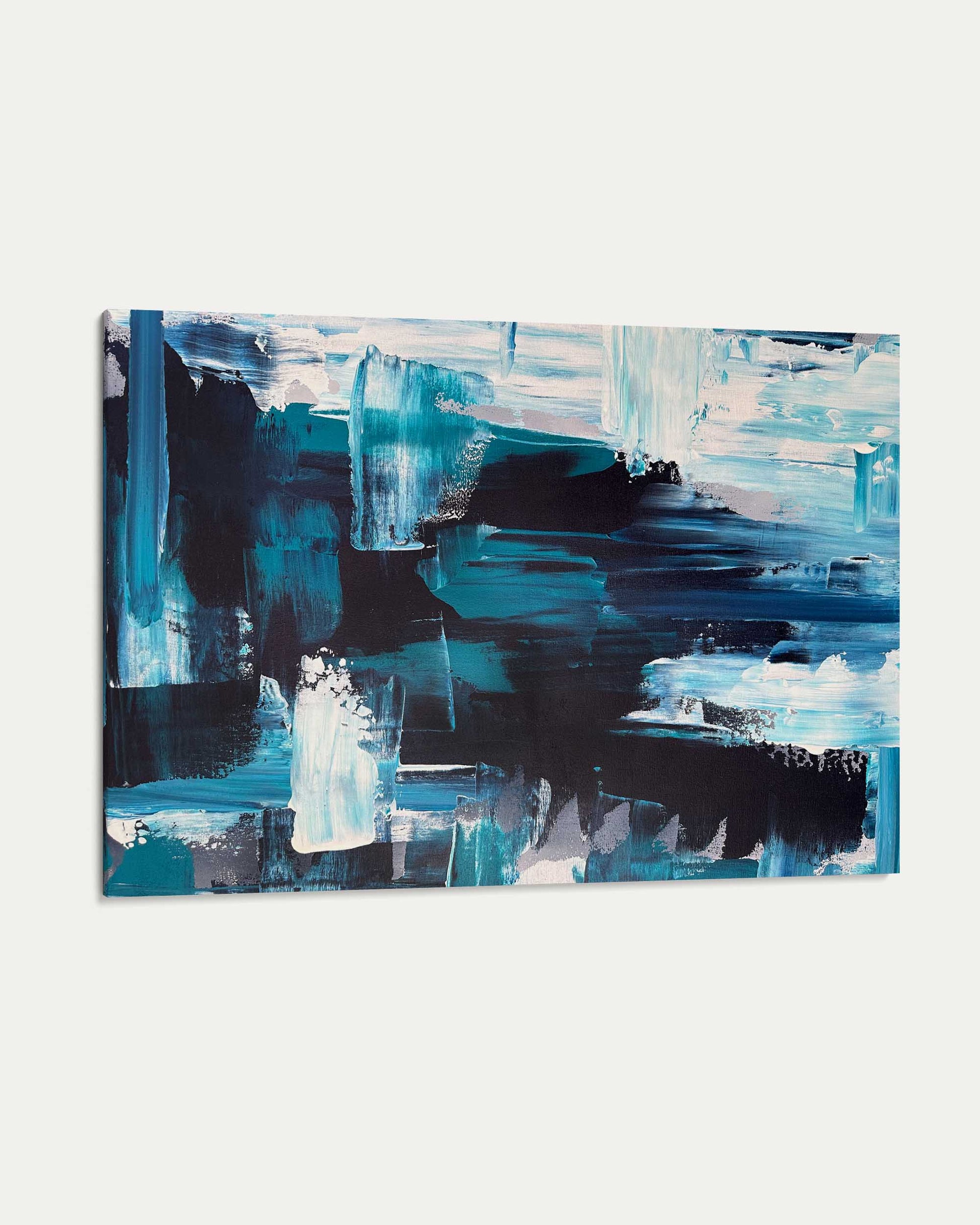 Abstract painting with blue and black strokes on a white background