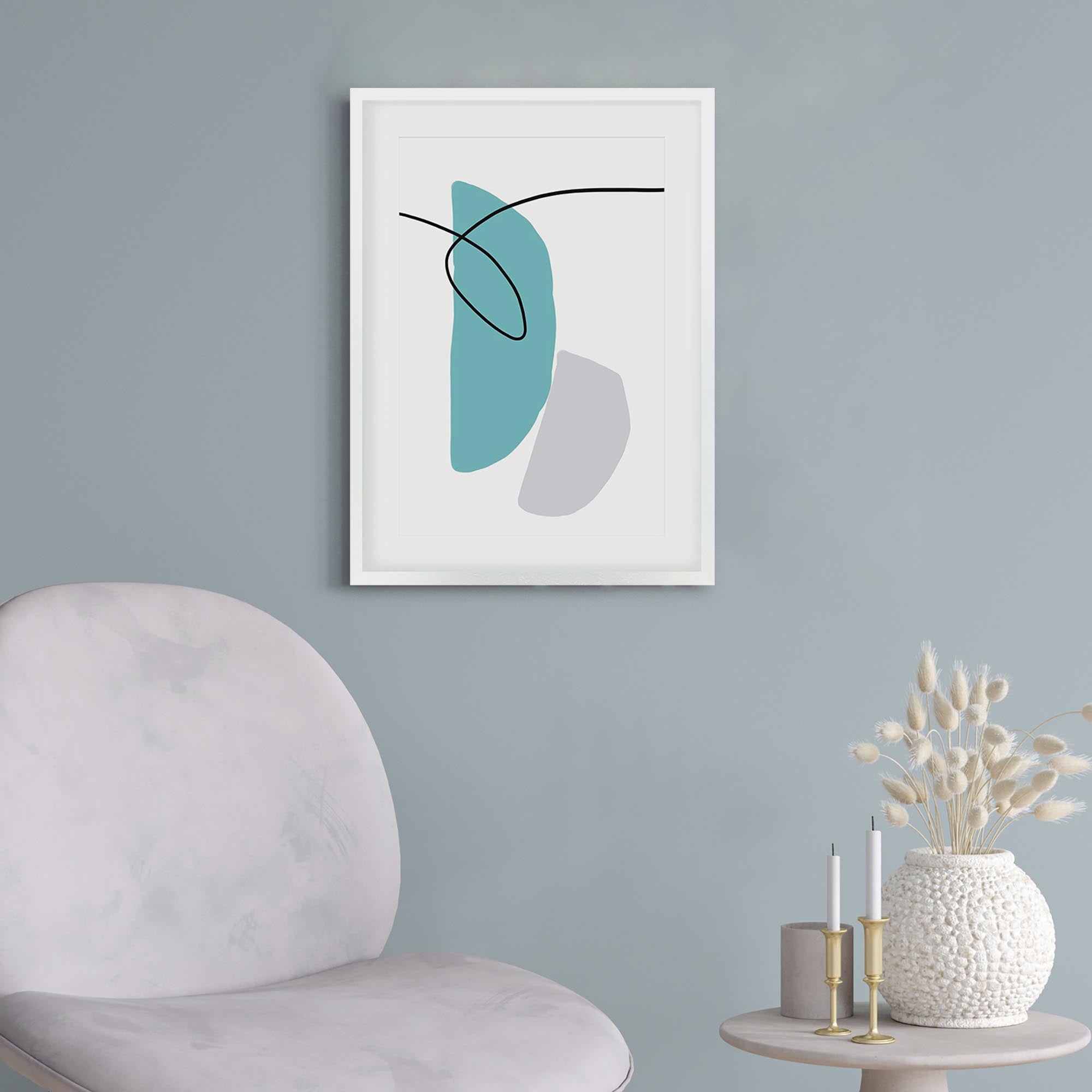 Abstract Line Teal Grey Framed Art