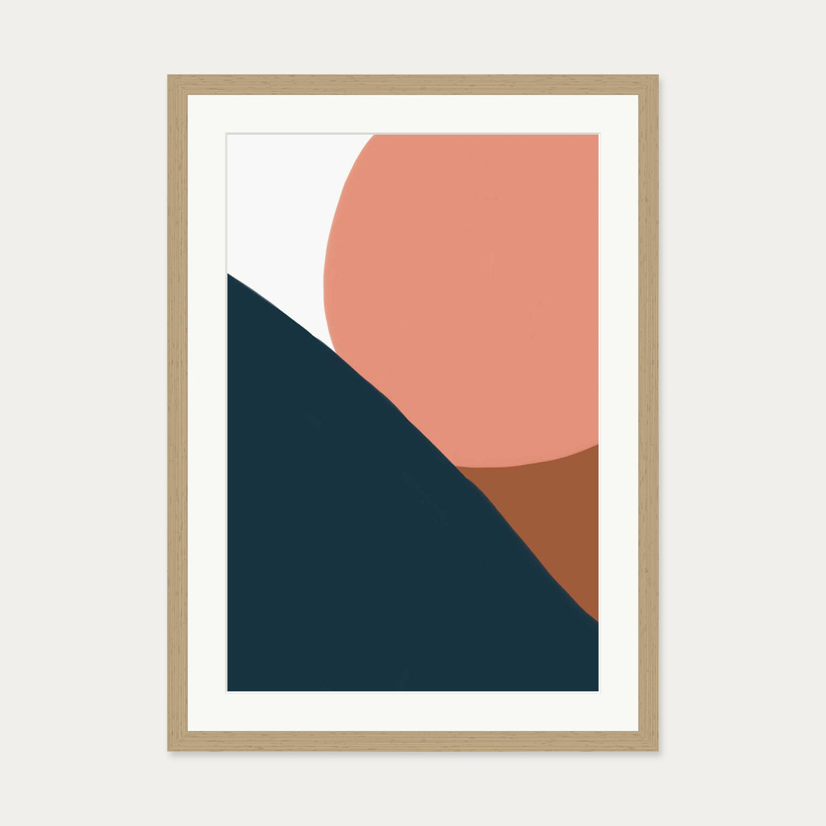 Terracotta On Blue Shapes Art Print — 50 x 70 cm — Oak Frame