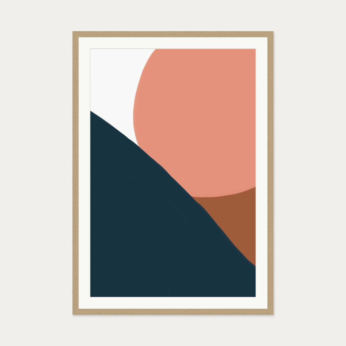 Terracotta On Blue Shapes Art Print — 70 x 100 cm — Oak Frame