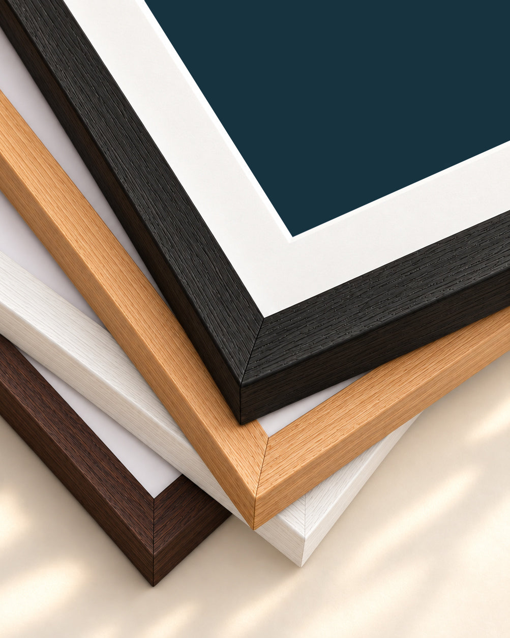 Terracotta On Blue Shapes Art Print — framed print corner with 5 cm mount and bevel