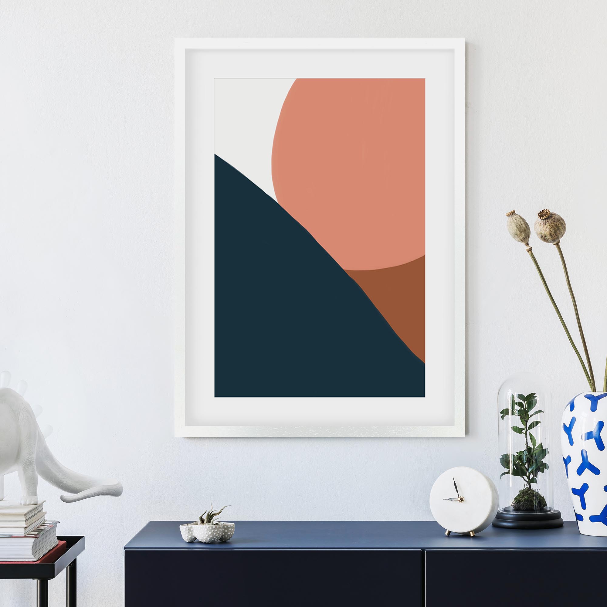 Terracotta On Blue Shapes Framed Art
