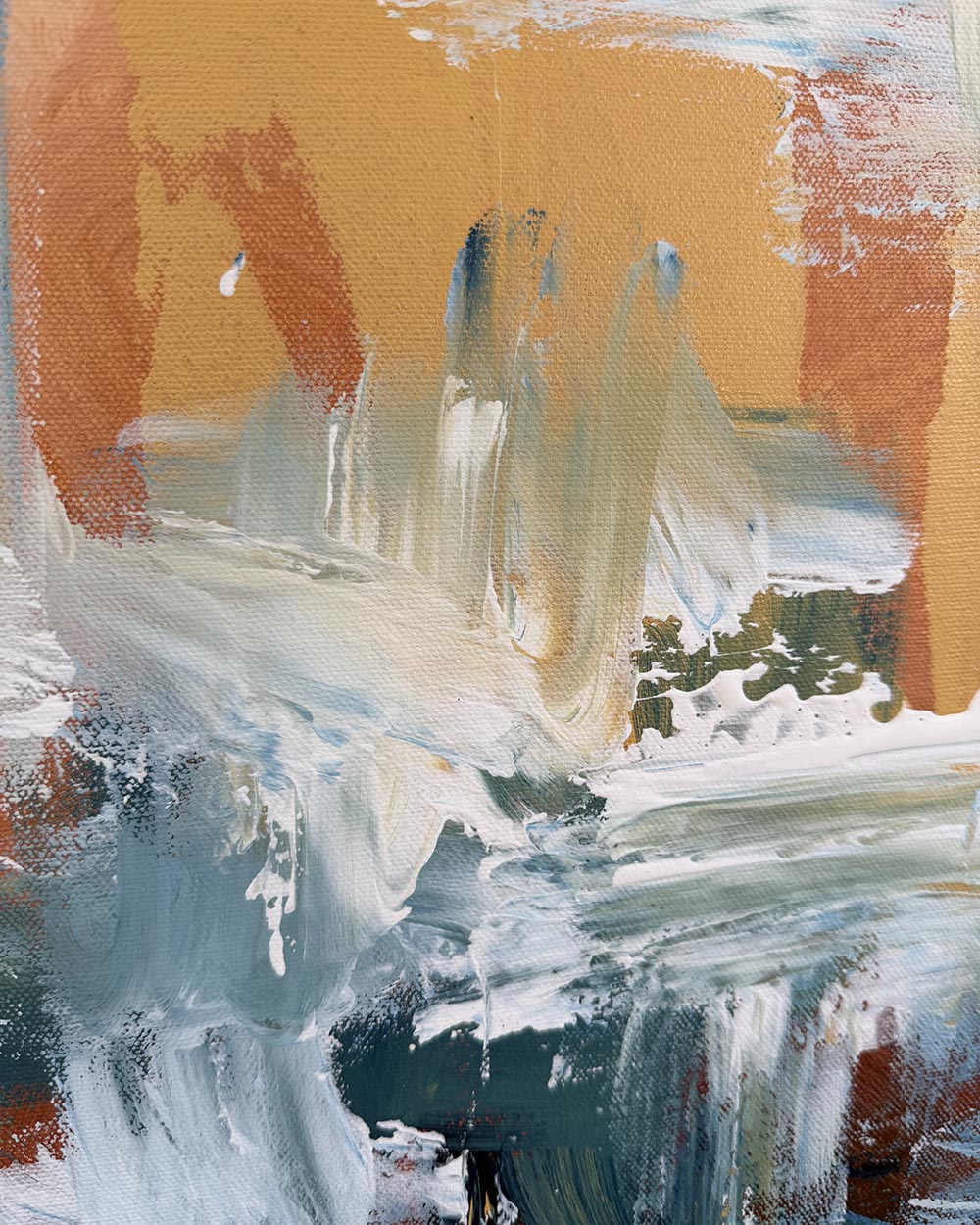 Abstract painting with orange, white, and blue brush strokes on a textured surface