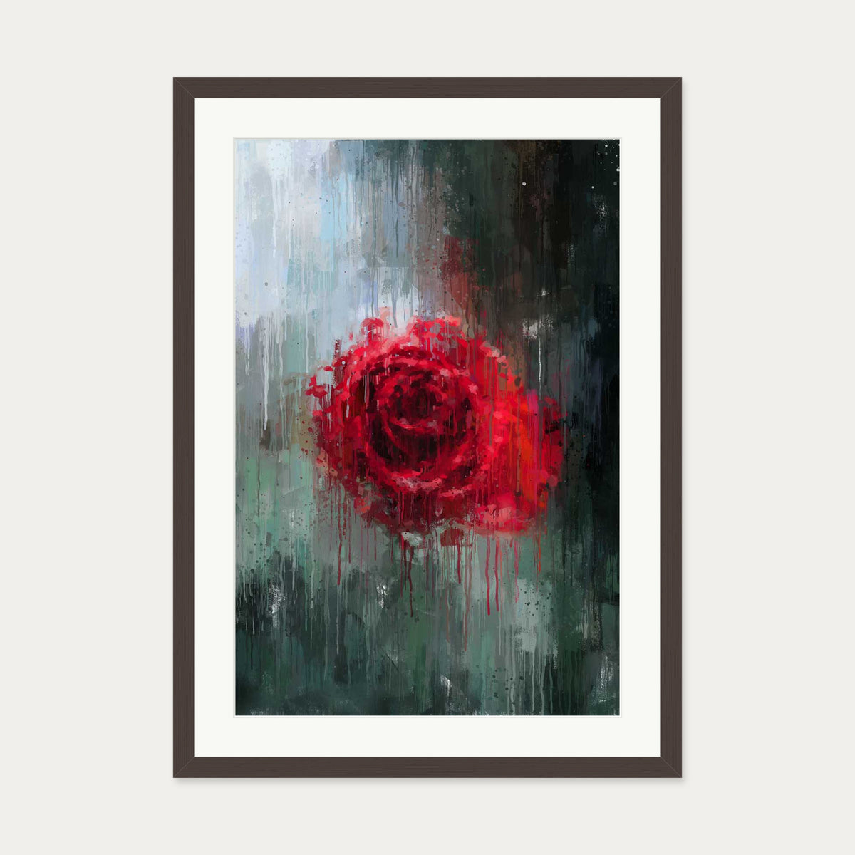 The Red Rose Impressionist Flowers Art Print — 50 x 70 cm — Brown Frame