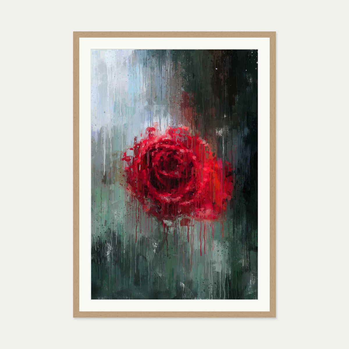 The Red Rose Impressionist Flowers Art Print — 70 x 100 cm — Oak Frame
