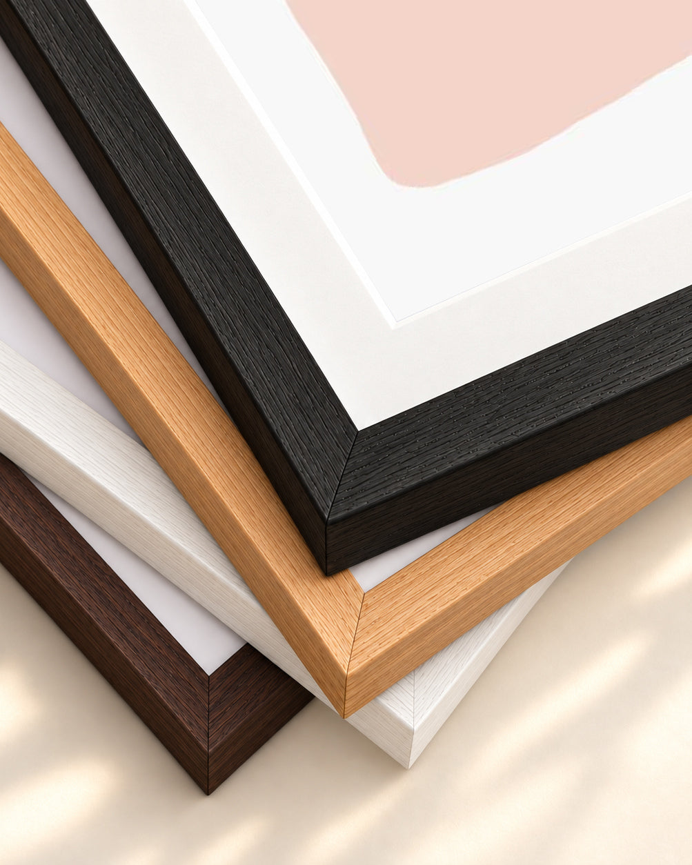 Three Blush Shapes Art Print — framed print corner with 5 cm mount and bevel