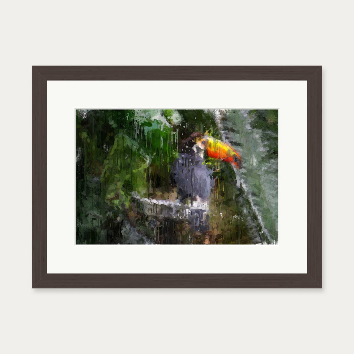 Toucan Impressionist Animal Art Print — 30 x 40 cm — Brown Frame