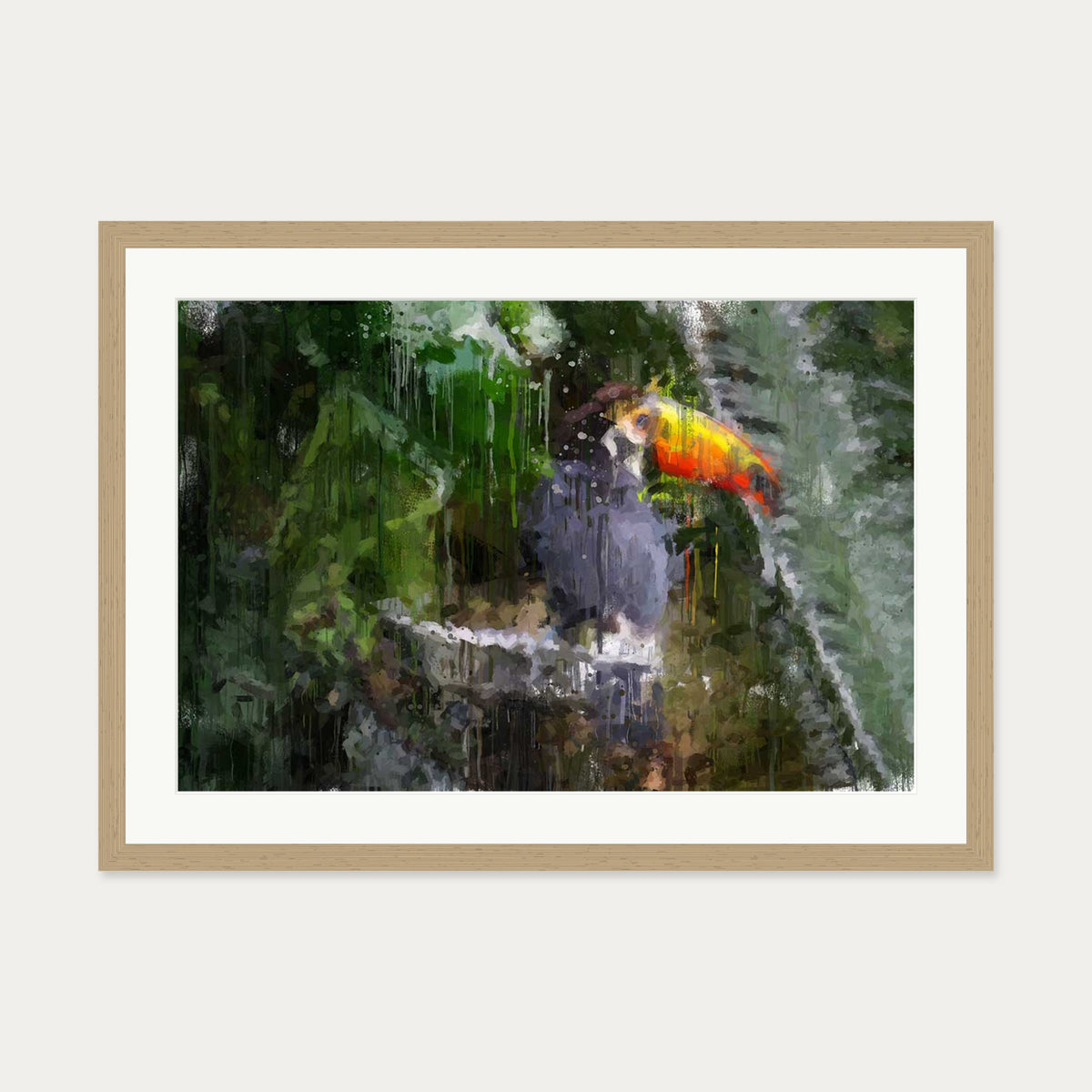 Toucan Impressionist Animal Art Print — 50 x 70 cm — Oak Frame