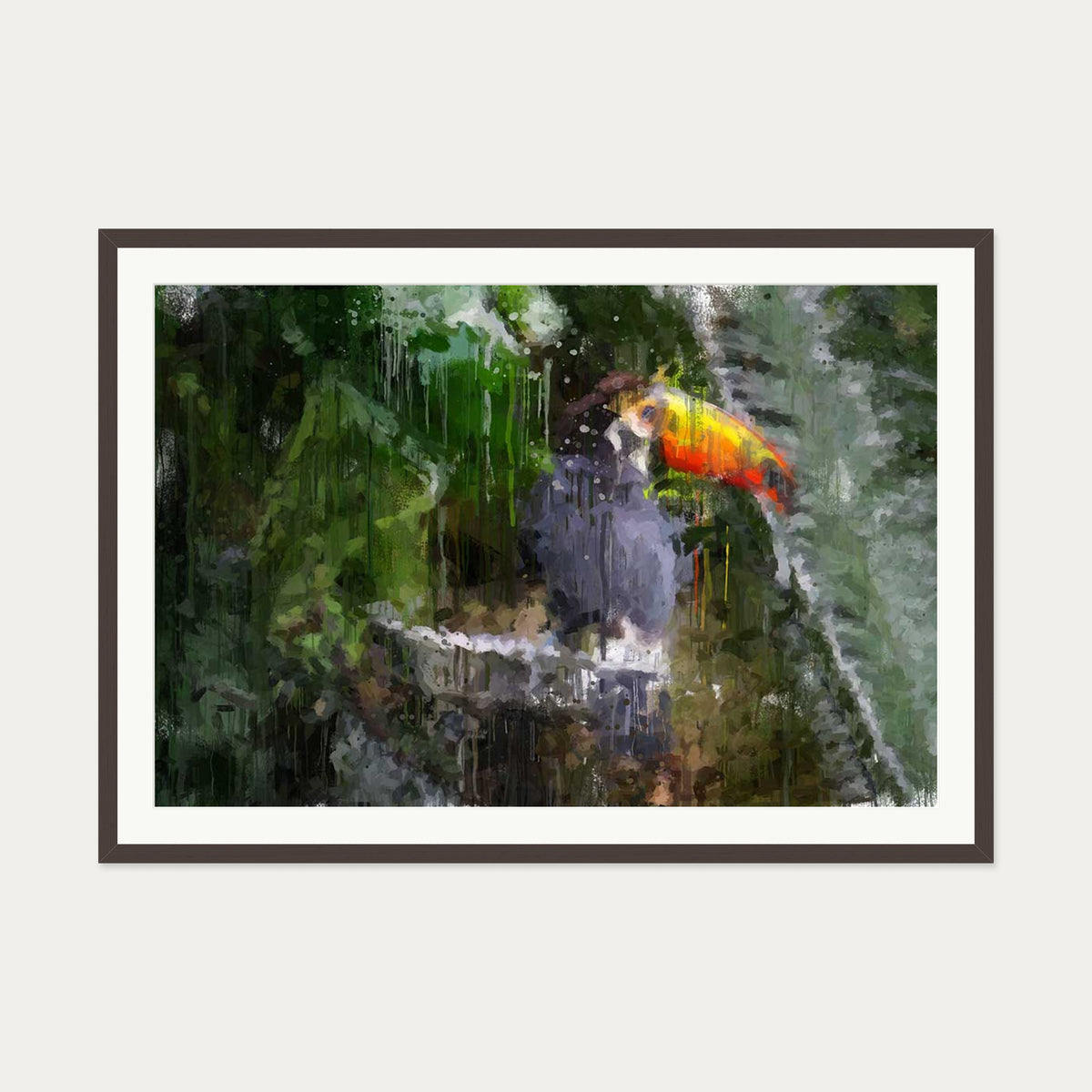 Toucan Impressionist Animal Art Print — 70 x 100 cm — Brown Frame