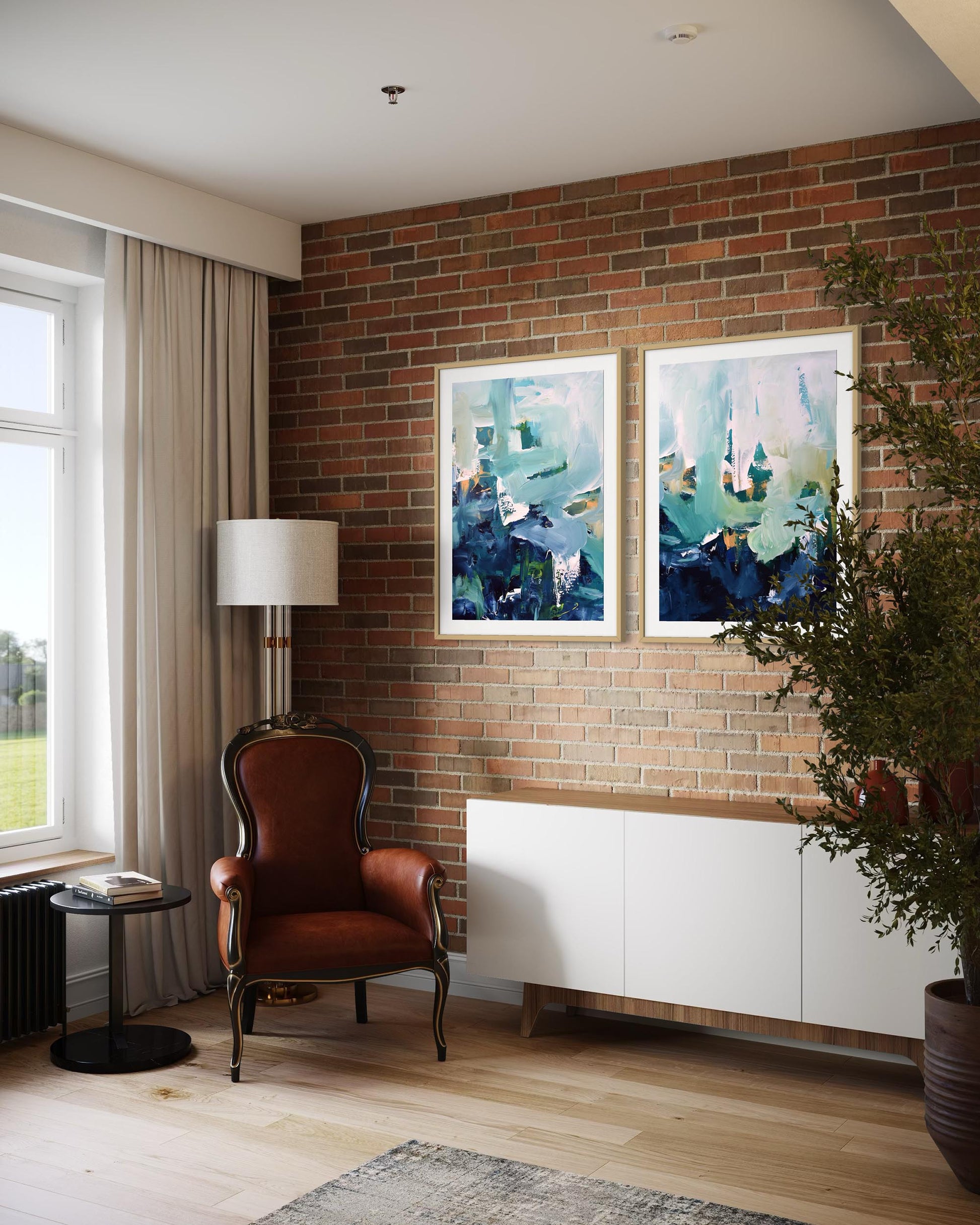 Living room with brick wall, white radiator, and framed abstract art.
