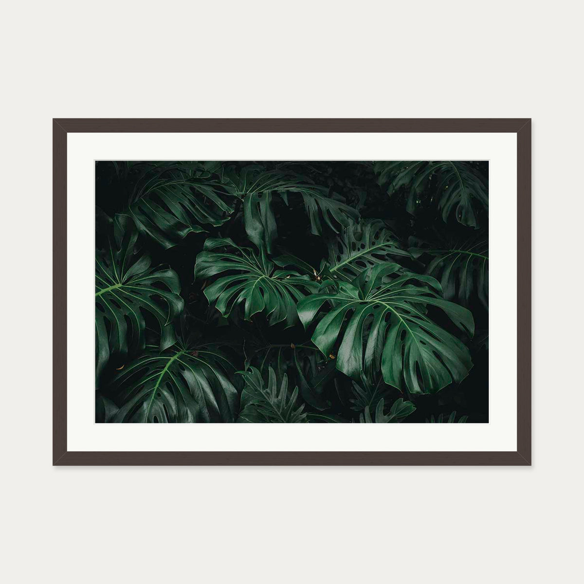 Tropical Green Leaves Art Print — 50 x 70 cm — Brown Frame