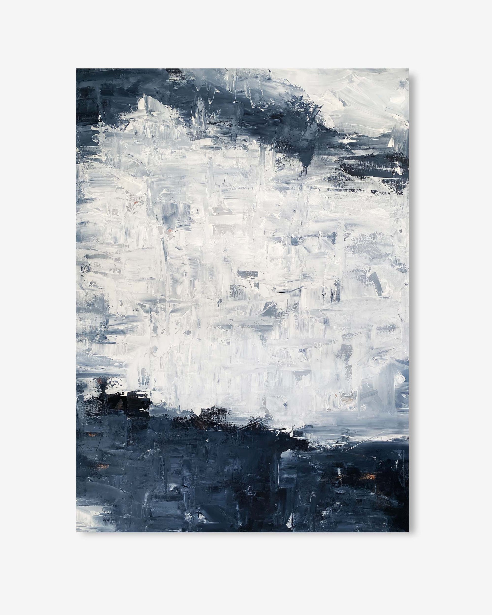 Abstract painting with a mix of white, gray, and blue tones on a light gray background