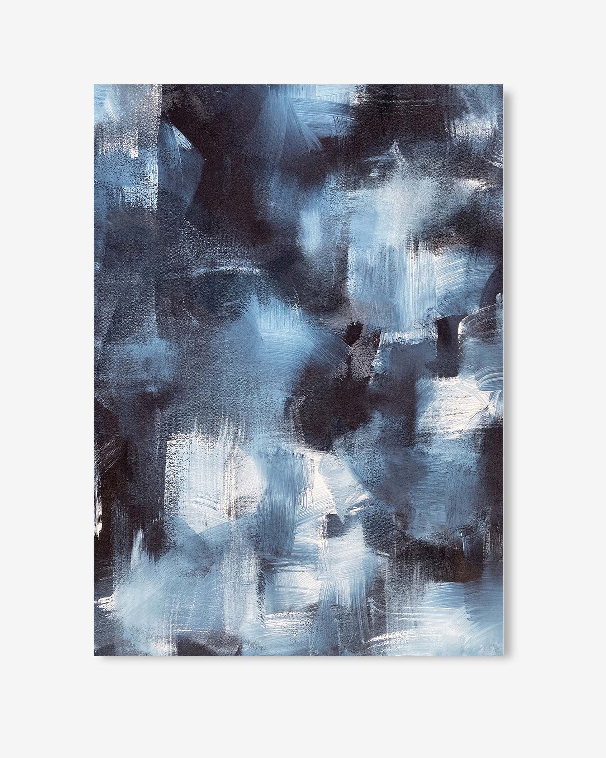 Abstract painting with blue and black brush strokes on a white background