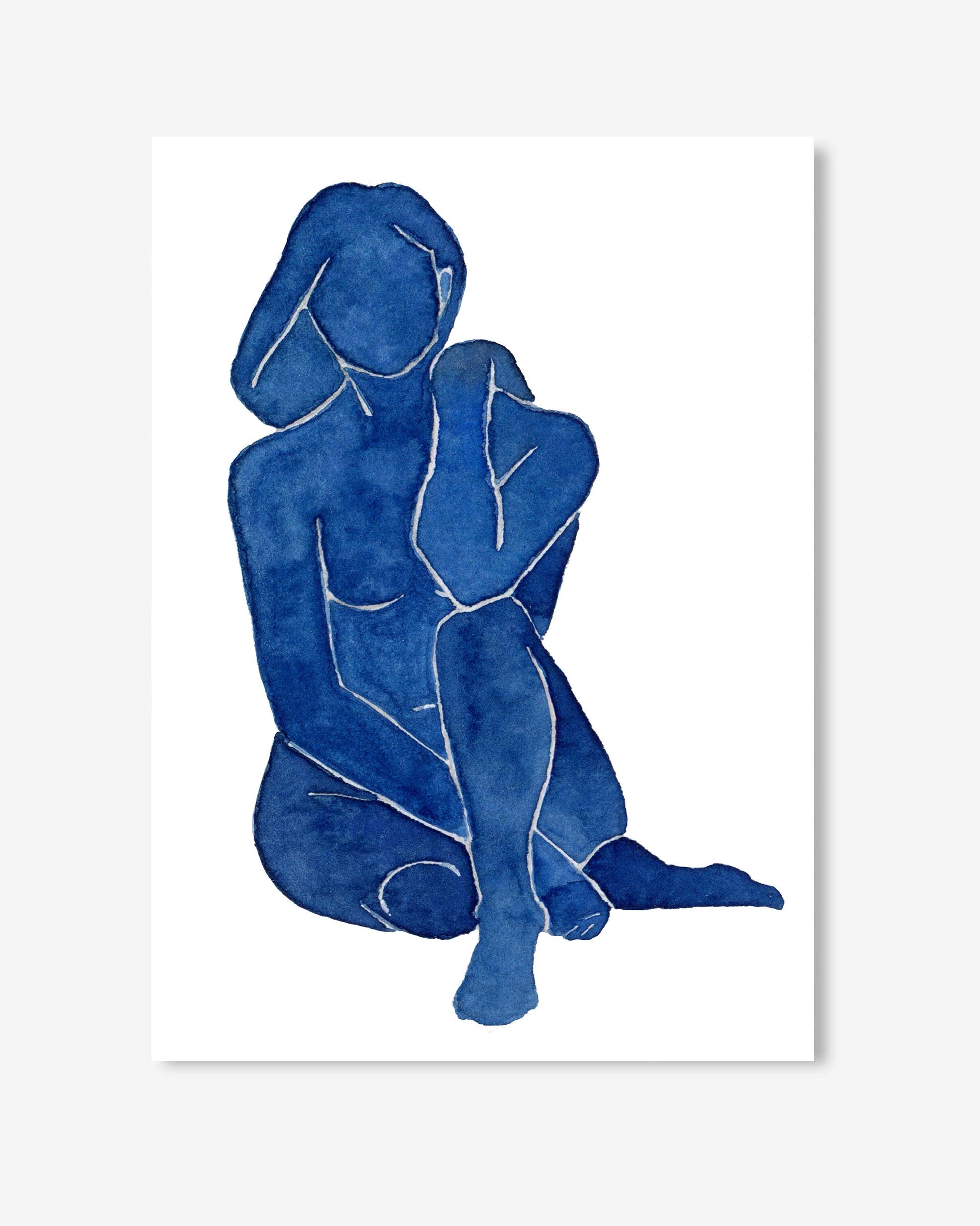 Blue abstract art of two figures on a white background