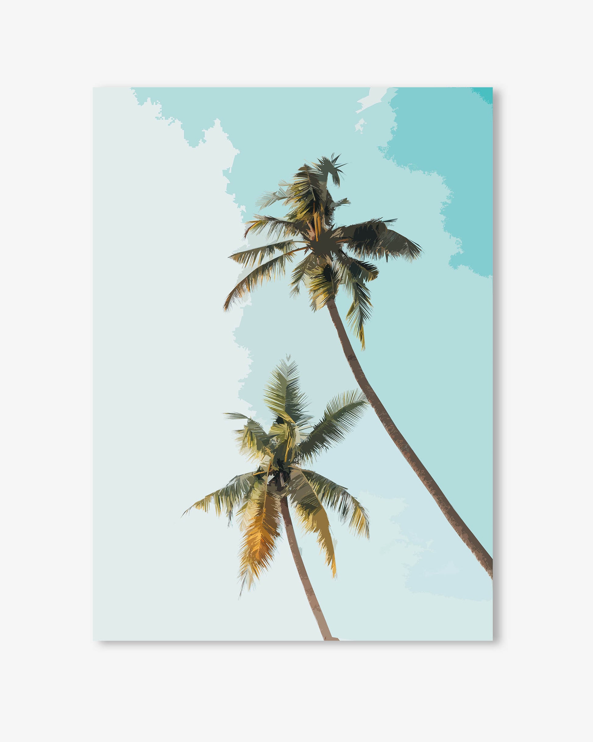 Two palm trees against a light blue sky